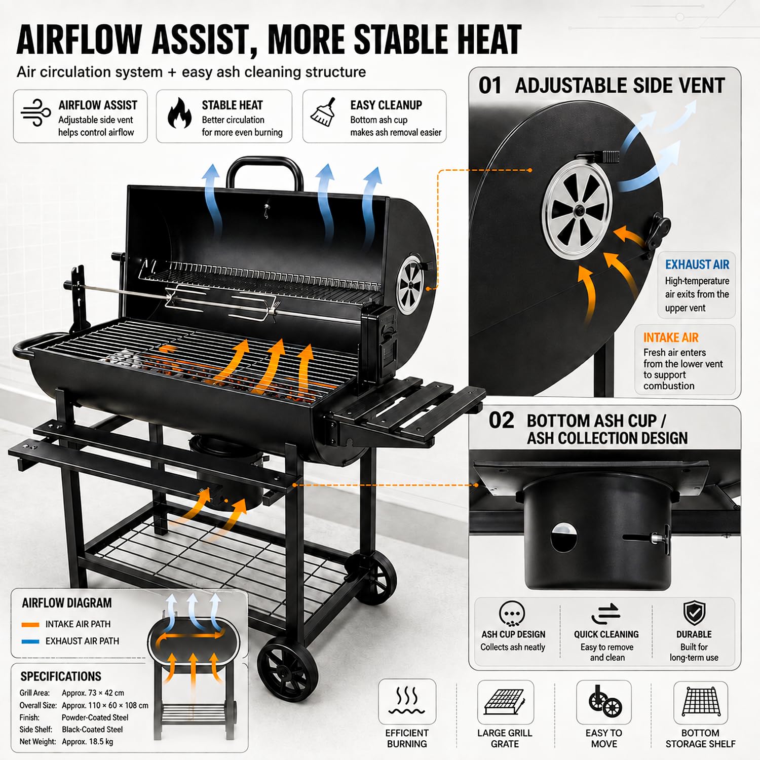 Grill węglowy na zewnątrz z wózkiem B | Przenośny grill węglowy idealny na patio, przyjęcia ogrodowe i spotkania na świeżym powietrzu.