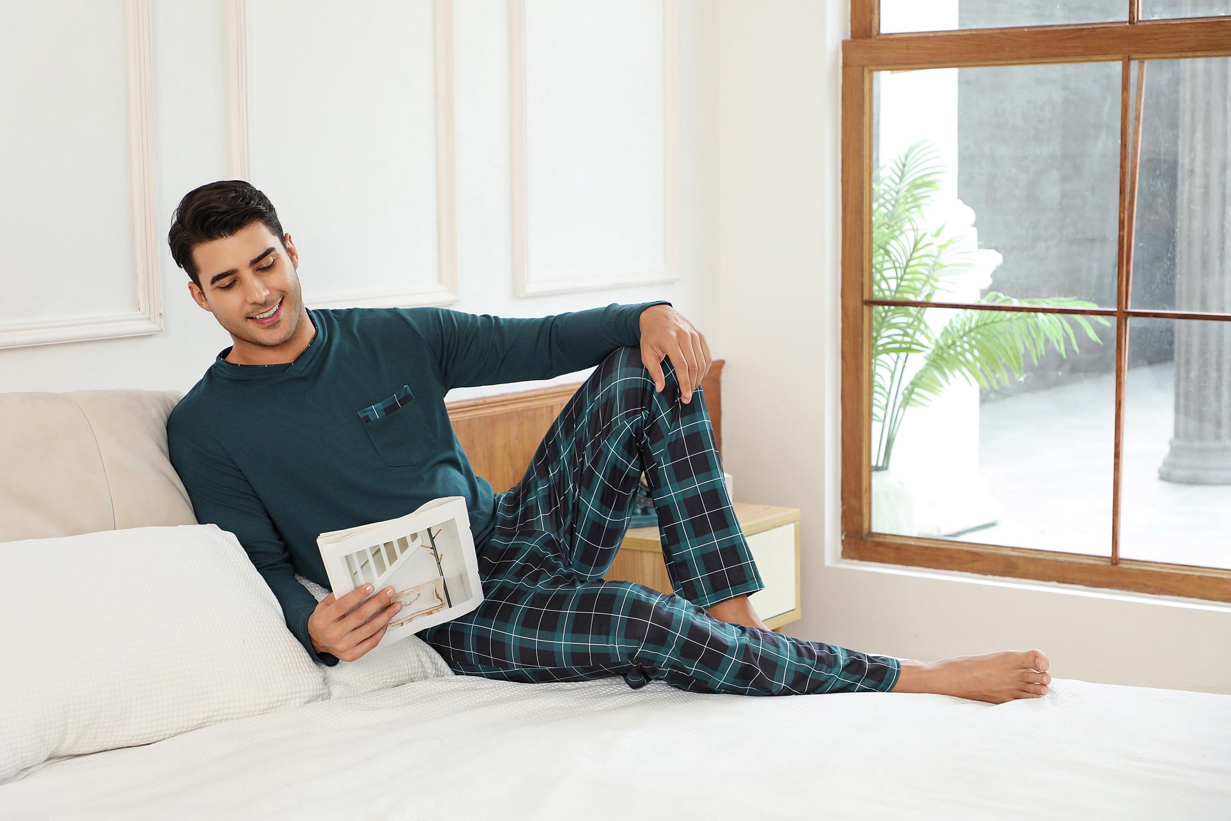 Leversic Pigiama Uomo Invernale Pigiama Lungo Cotone Uomo Pigiama da Uomo Scollo a V Pigiama Due Pezzi Pigiama Maniche Lunghe e Pantaloni a Quadri S-3XL