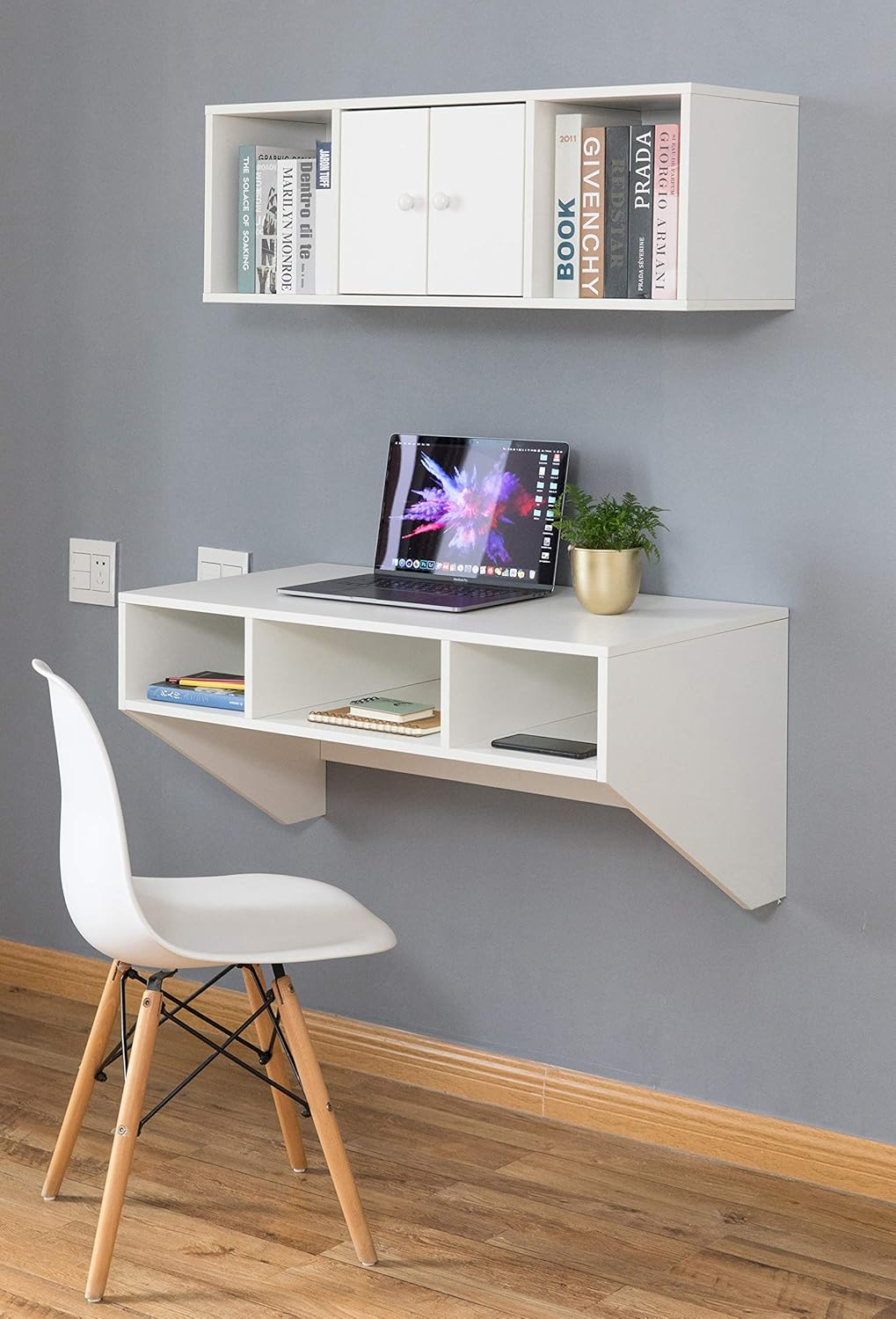 Wall Mounted Office Computer Desk with Three Compartments, White