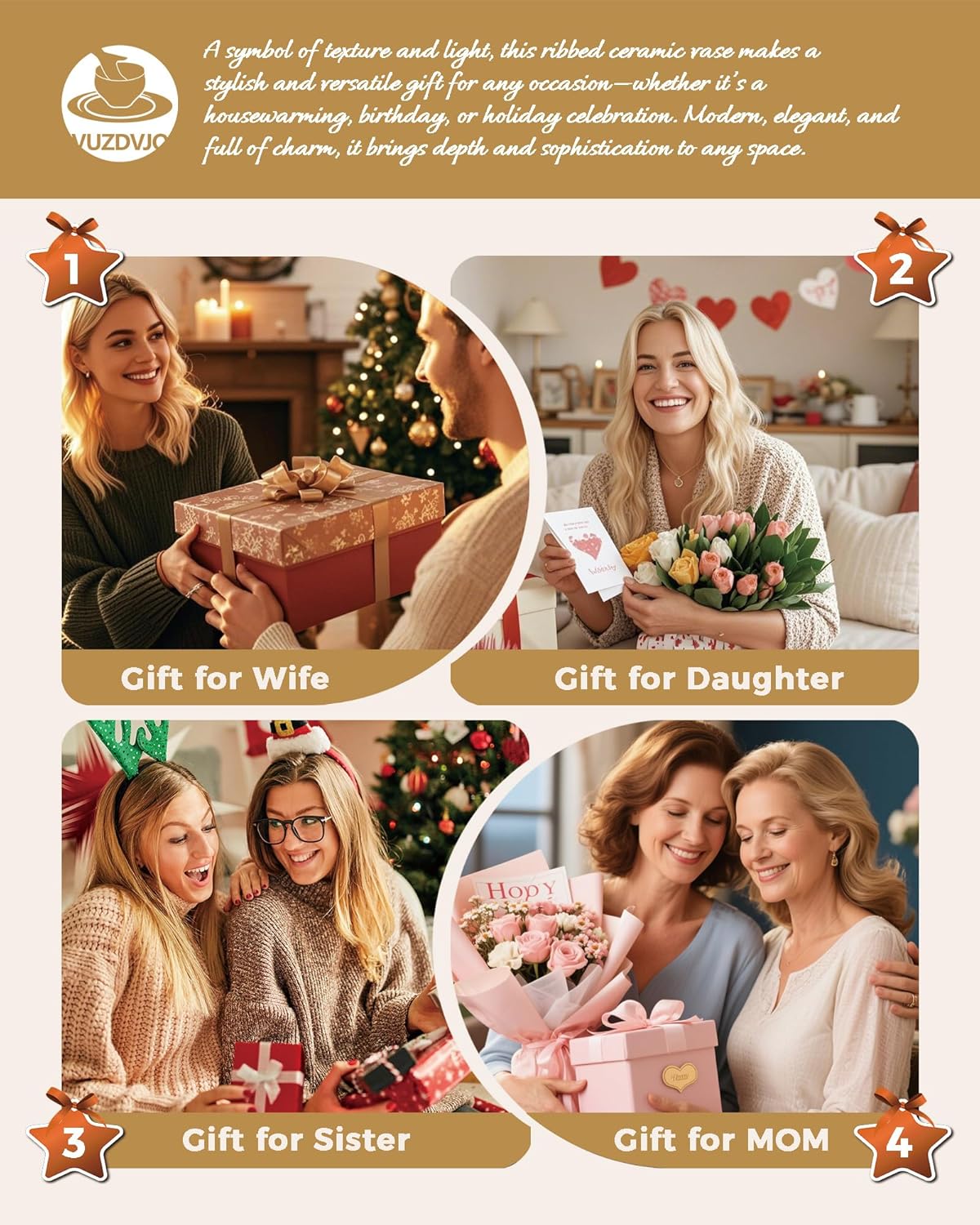 Beige Decorative Vase Set of 3 - Modern Boho Style Ribbed Ceramic Bud Vases for Flowers, Mini Small Vases for Shelf, Shelves, Bookshelf, Entryway Table & Home Decor Aesthetic (Beige White) - Image 8