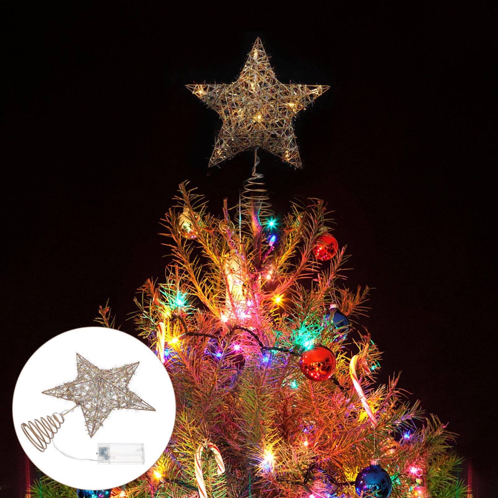 ABOOFAN Christmas Tree Topper LED Lighted Star Treetop Glitter Golden Star Tree Finals for Xmas Tree Winter Holiday Seasonal Decoration