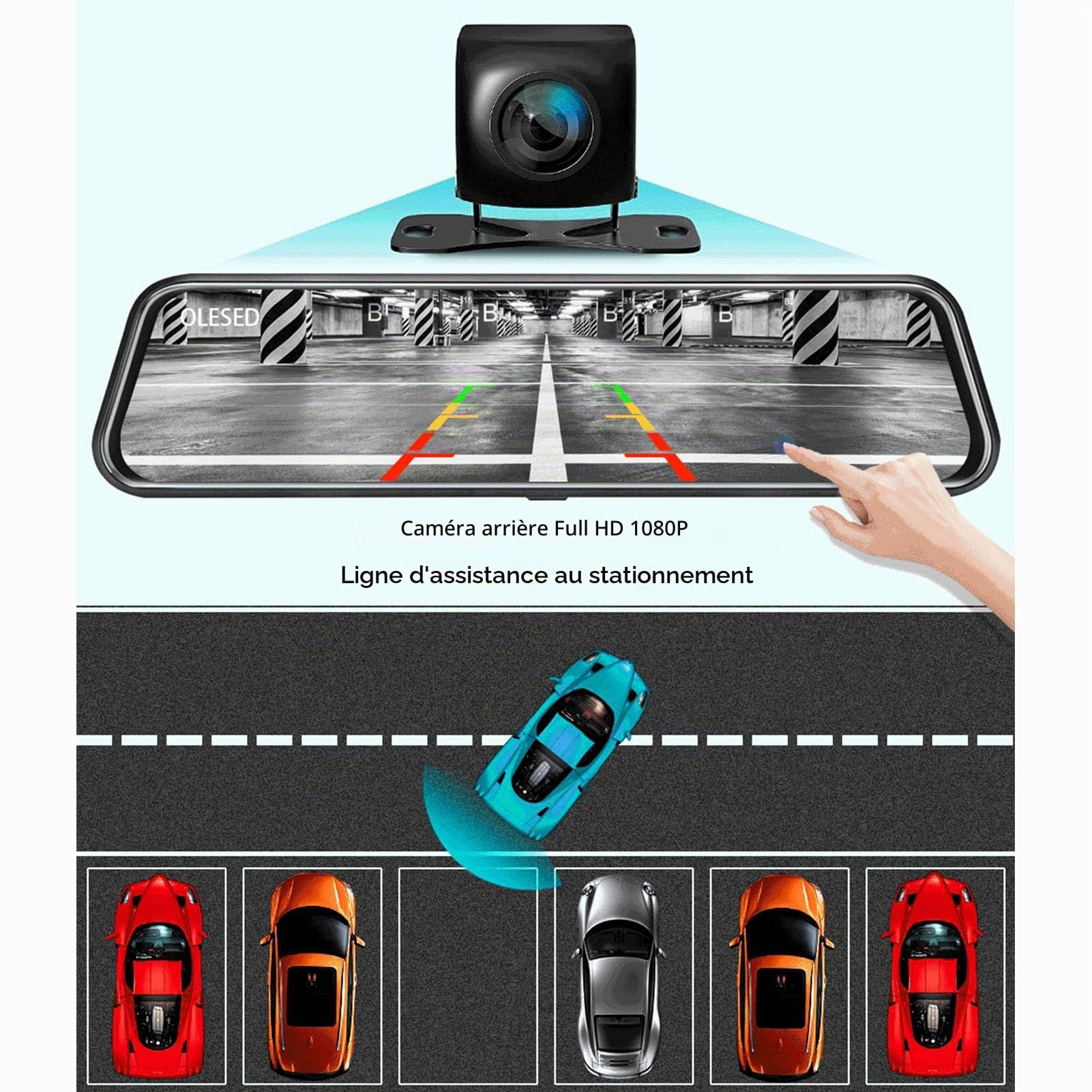 Caméra de Rétroviseur 10 Pouces, Caméra Avant et Arrière à Vision Nocturne avec écran incurvé 2,5D, Image Inversée, Enregistreur Vidéo de Conduite, Caméra de Tableau de Bord