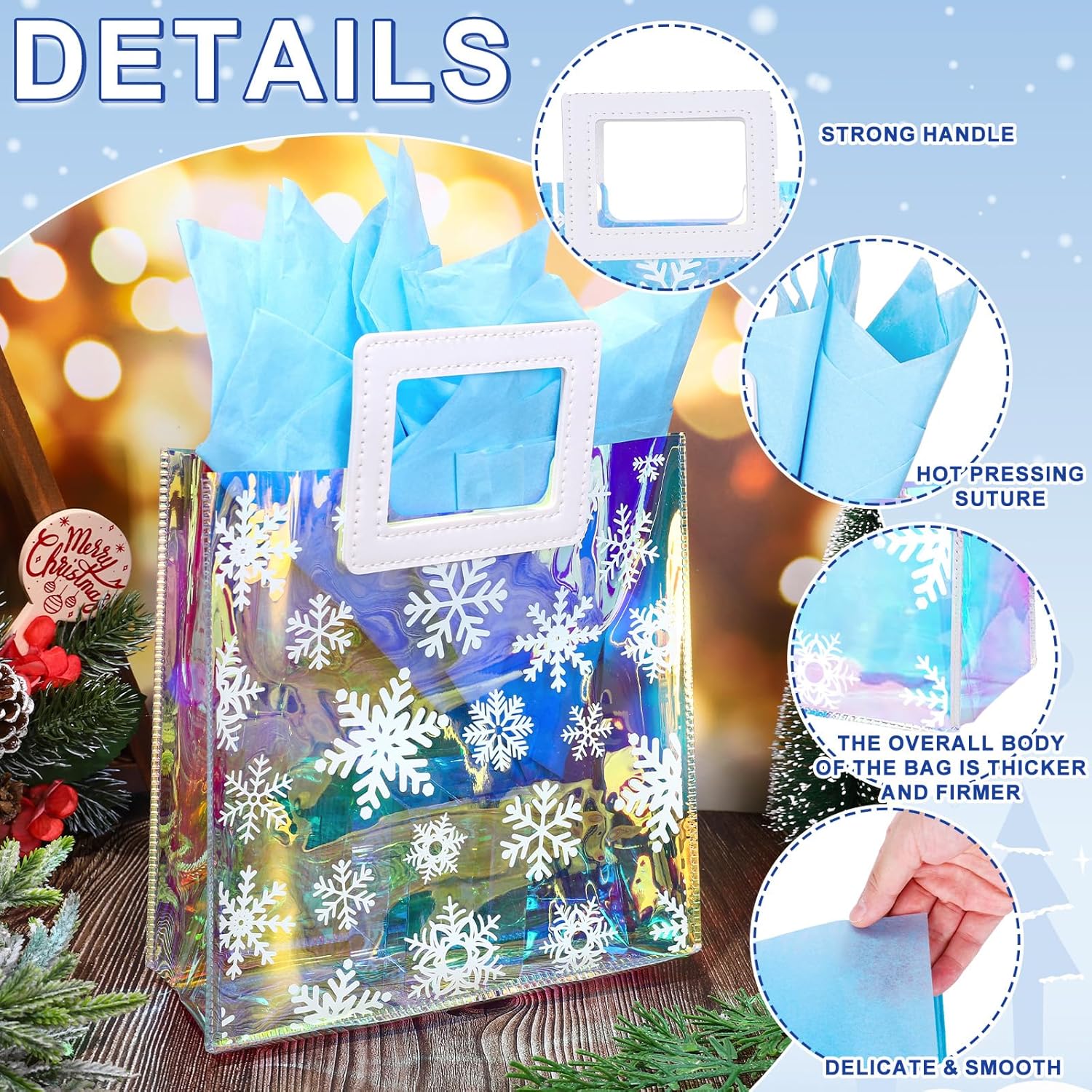 Whaline 12Pcs Winter Snowflake Clear PVC Gift Bags with Handles and Tissue Paper Holographic Winter Wonderland Snowflake Party Favor Bag Iridescent Treat Tote Bag for Xmas Holiday Wedding Birthday - Image 3