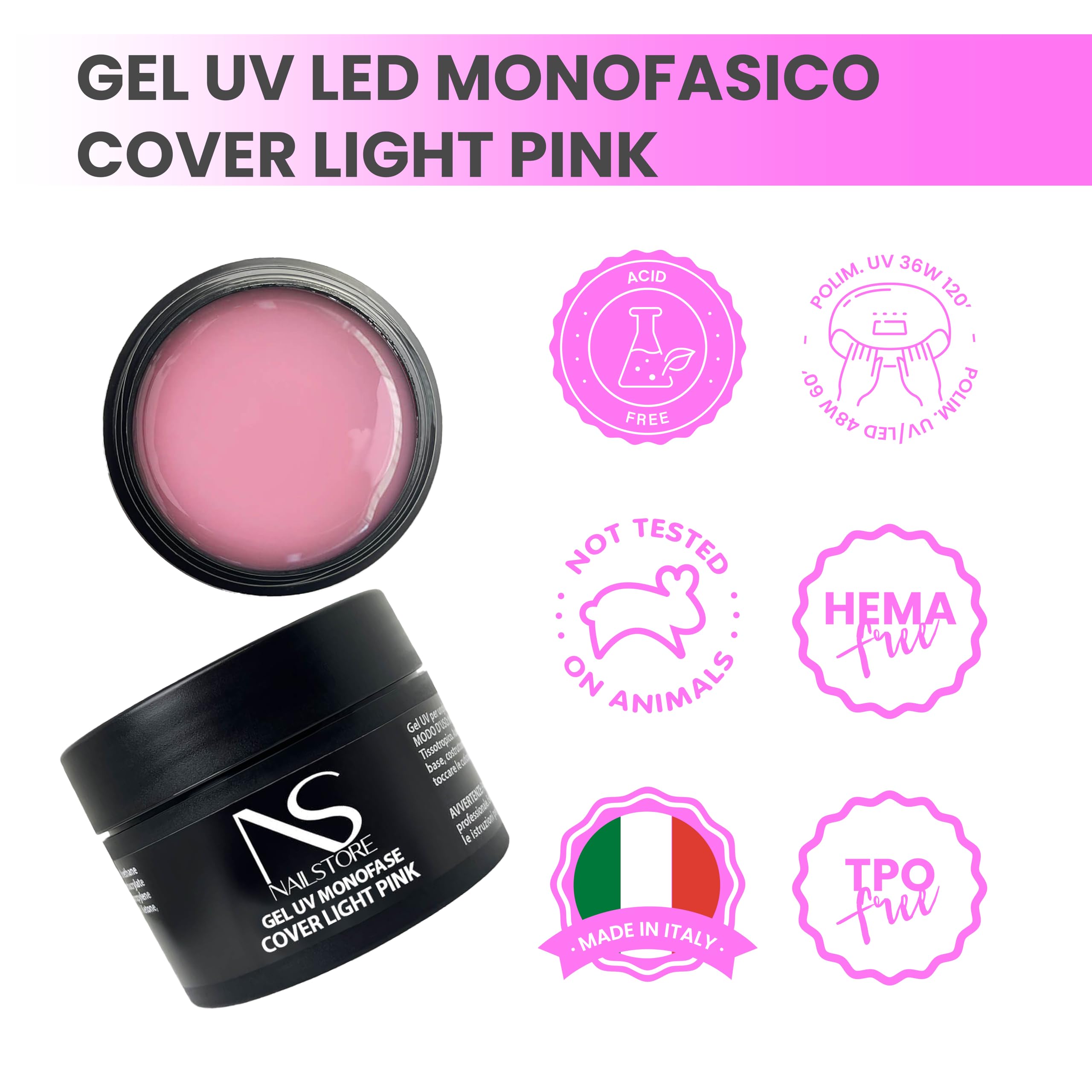 NAILSTORE - Gel UV Led Costruttore Monofasico Cover Light Pink - media densità - autolivellante – Ideale per sfumature - facile lavorabilità – adatto per Refill e allungamento con cartina (50g)