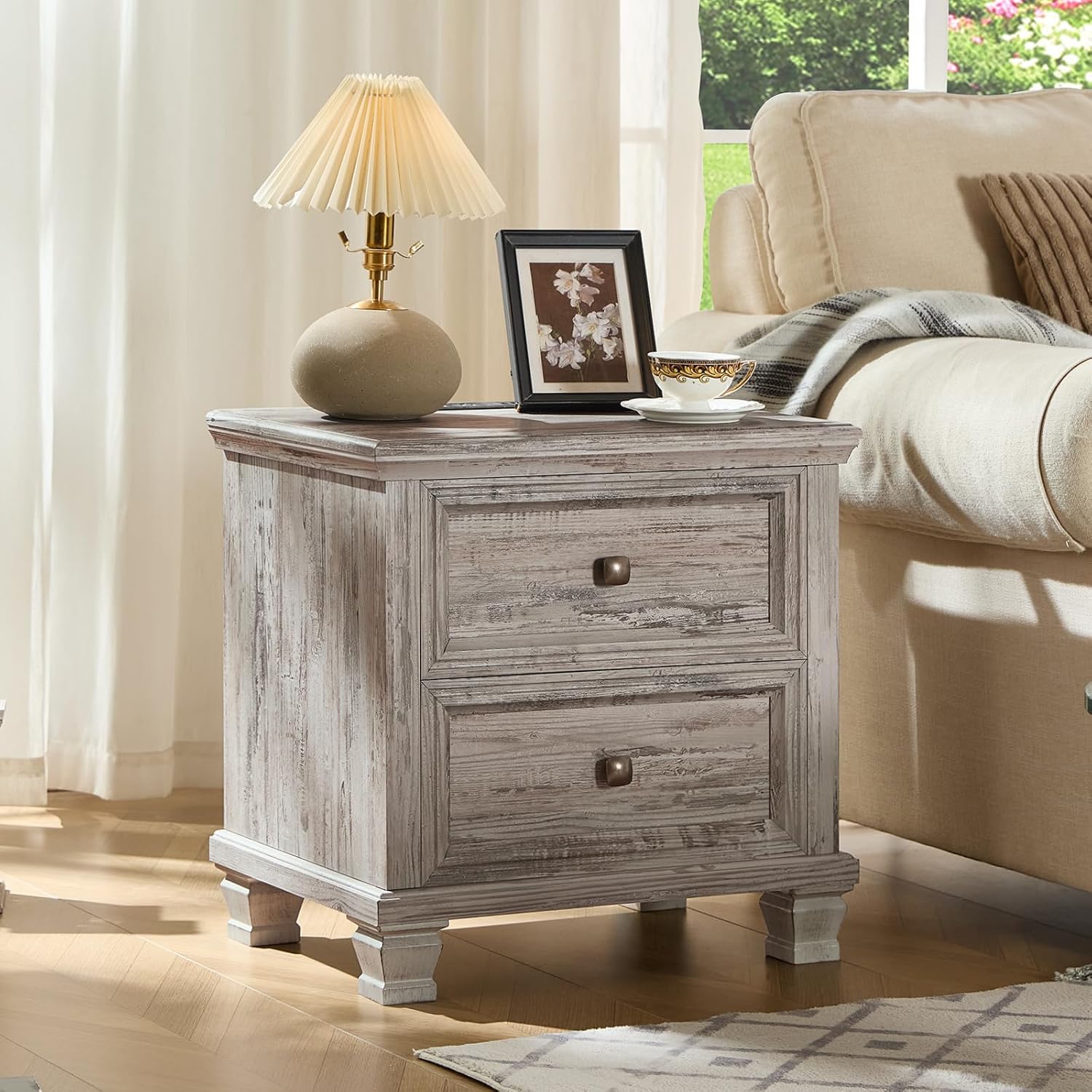 SAVOR LIFE Farmhouse Nightstand Set of 2 for Bedroom, Mid-Century Low Nightstands with 2 Drawers & Charging Station, Vintage Night Stands with 4 Square Solid Wood Legs, Small Dresser for Home, Grey
