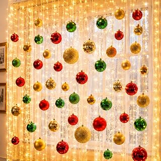 Gerrii 30 Pcs Christmas Ball with 300led Curtain Fairy Light Remote Control | DIY Christmas Floating Decor, with LED Curtain Light, Ball, Hooks, Clear Fishing Line, for Window Wall Ceiling Bedroom Door
