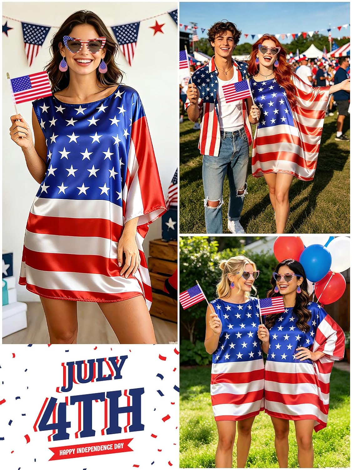 American Flag Dress Set Women 4th of July Outfit with Sunglasses Earrings | Patriotic Costume Accessories for 250th Anniversary,Mini Flags,Independence Day Memorial Day Celebrations