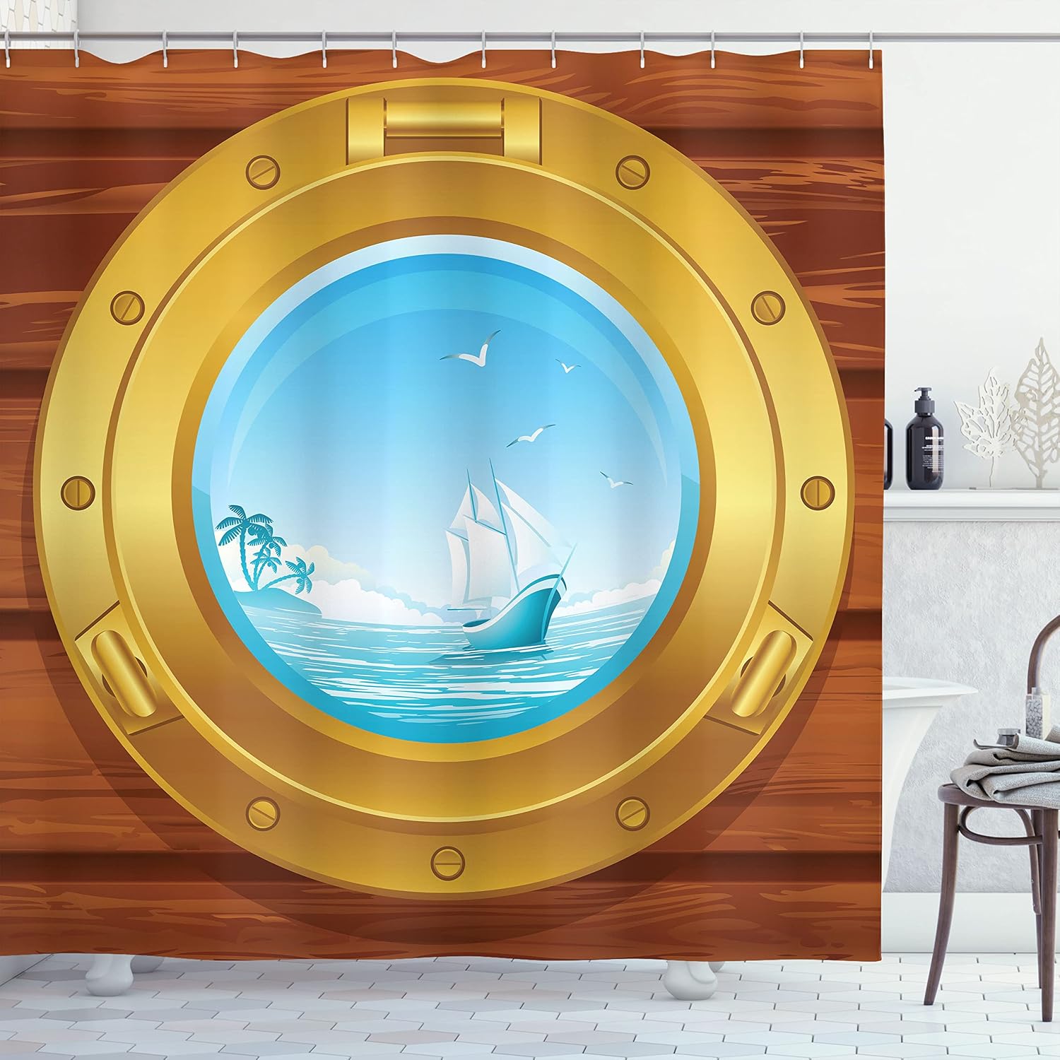 Ambesonne Nautical Stall Shower Curtain, Brass Porthole on a Wooden Penal Palm Trees Island Birds Marine, Fabric Bathroom Decor Set with Hooks, 54" W x 78" L, Earth Yellow Pale Blue