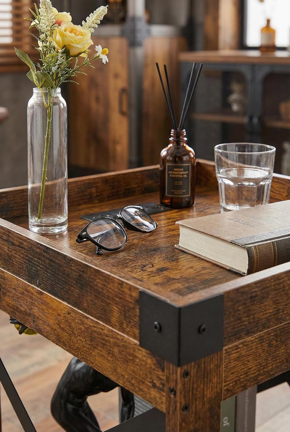 Farmhouse Side Table with Charging Station,Square End Table with 2-Tier Storage Shelf, Sofa Table With X-Metal Frame Industrial Coffee Table Nightstand for Living Room Bedroom Small Spaces,Brown