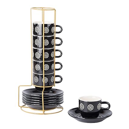 Original Heart 6-pieces Espresso Cups with Saucers and Metal Stand Stoneware Cup & Saucer Sets, Stackable espresso mugs, 4oz coffee cups set, Set of 6, Black