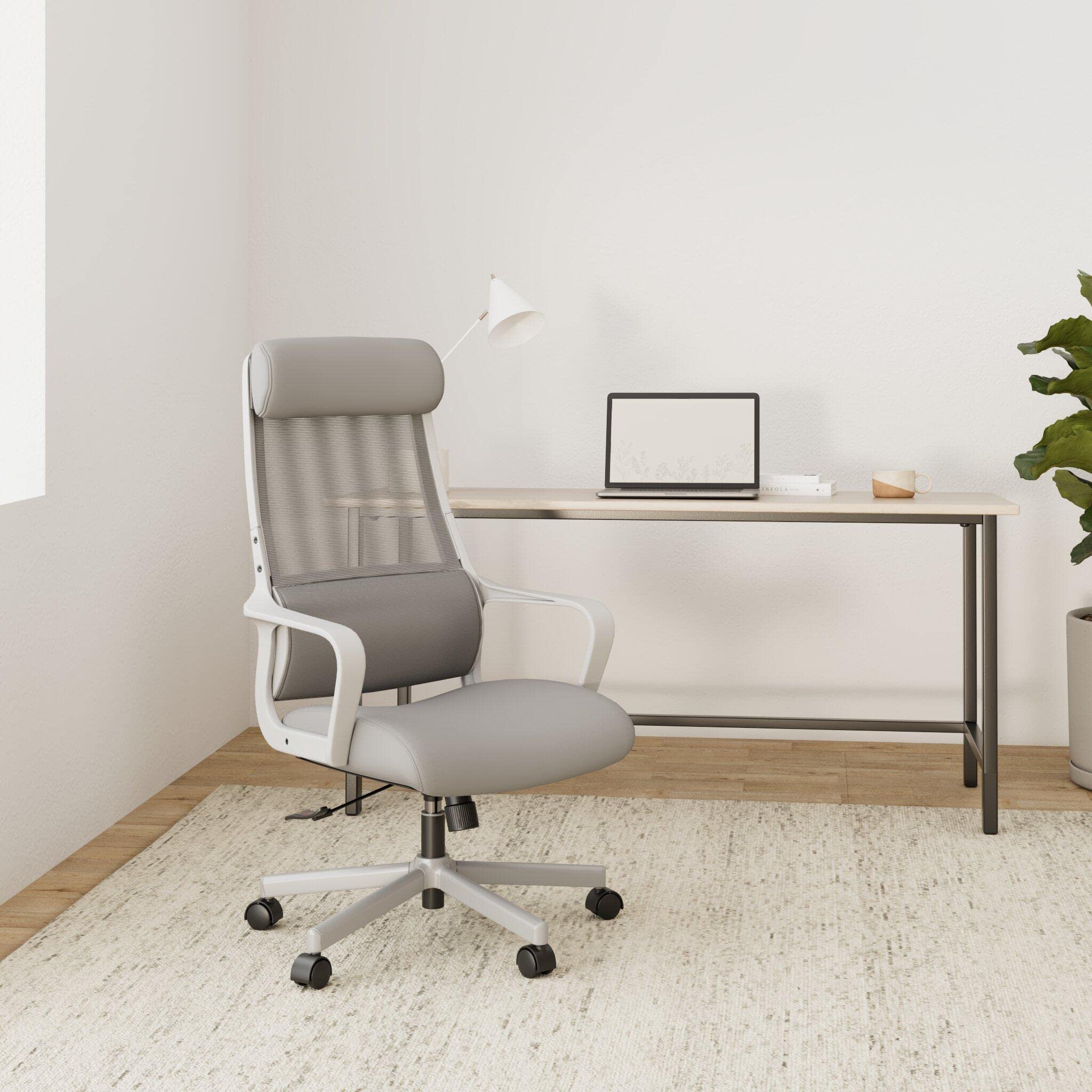 MELOKEA Silla de Oficina Ergonómica, Silla de Escritorio de Malla, Gris | Reposacabezas Ajustable, Asiento Mullido y Confortable, Soporte Lumbar Ergonómico, Función de Balancín, Certificada EN 1335
