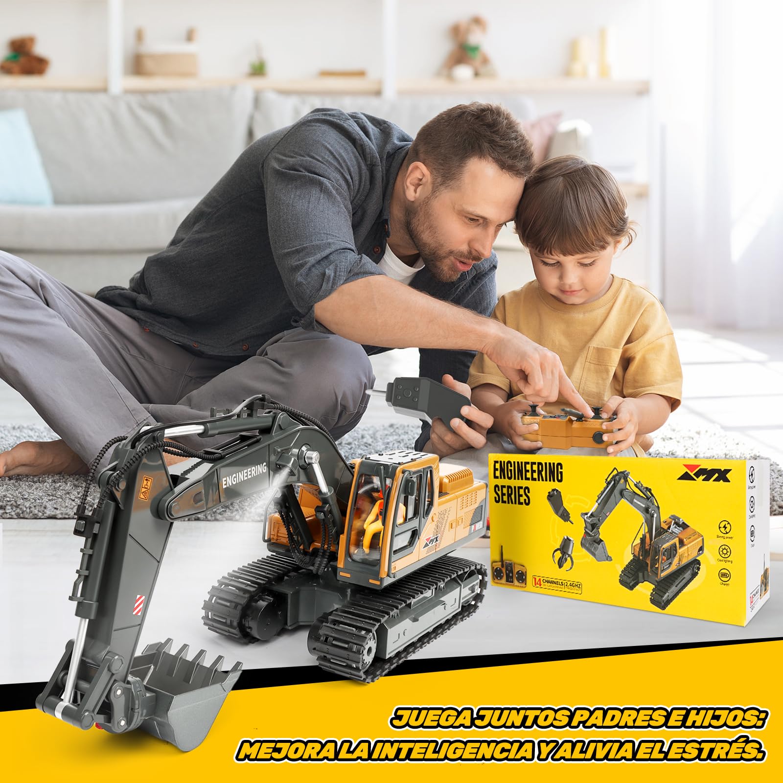 Charmofun Escavatore Radiocomandato 3-in-1, Giocattolo RC con 3 Teste in Metallo, Cabina Rotante 680° con Luci e Musica, Regalo per Bambini 3-12 Anni