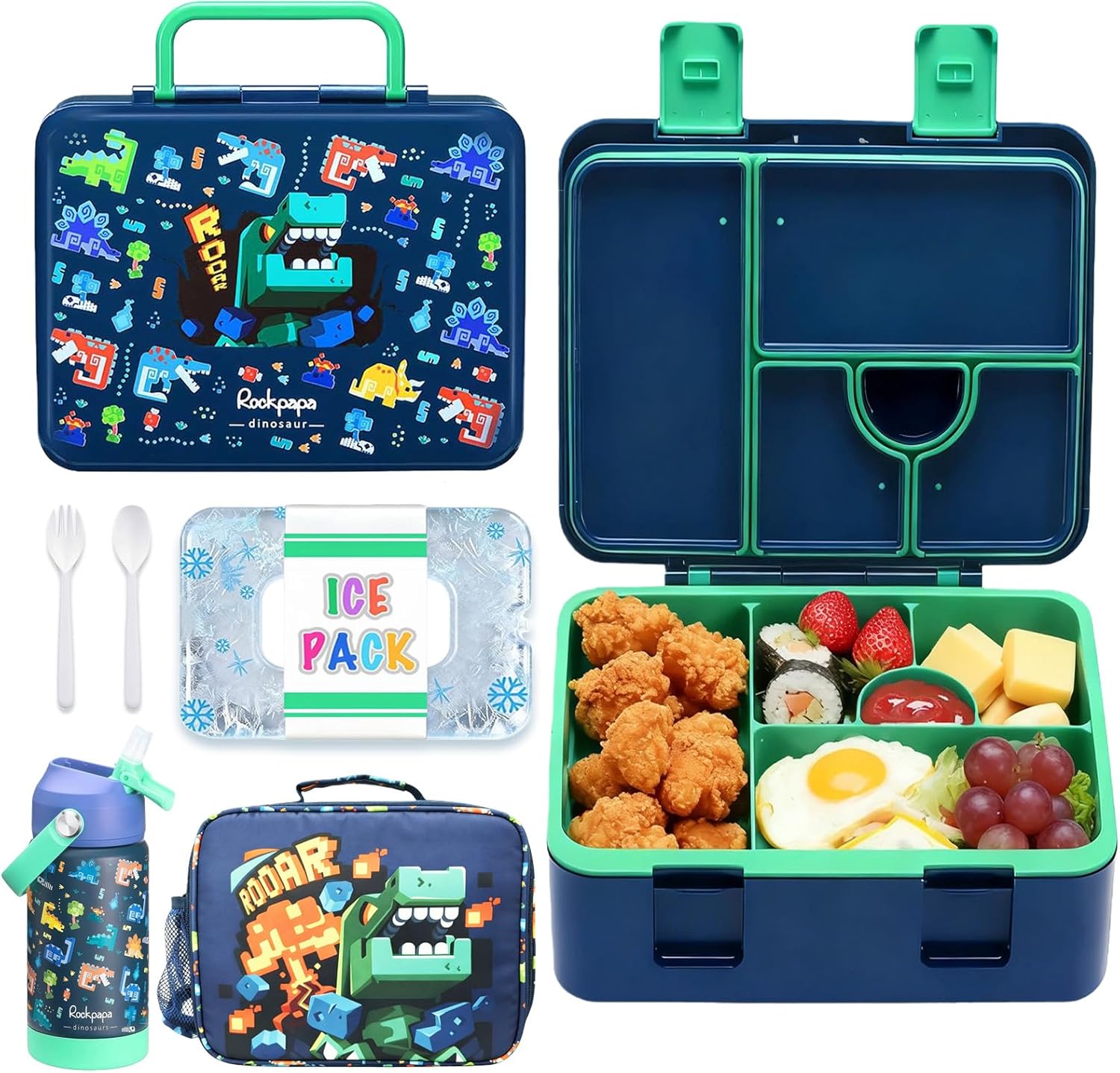 rockpapa 5 Compartment Bento Lunch Box with Ice Pack for Kids with Uensils & Insulated Water Bottle & Lunch Bag, BPA-Free Lunch Containers Set for School Boys Girls Ages 3+ (Blue Dinosaur)