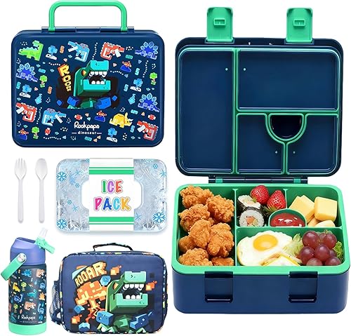 Miniatura 17 de rockpapa Fiambrera Bento de 5 compartimentos para niños con utensilios y botella de agua aislada y bolsa de almuerzo con correa, juego de Dinosaurio
