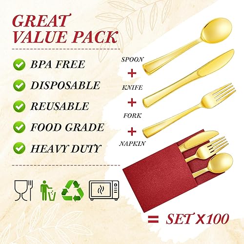 Miniatura 2 de Juego de 100 cubiertos de plástico dorado con bolsillo integrado para cubiertos, desechables, 100 tenedores, cucharas, cuchillos y 100 servilletas