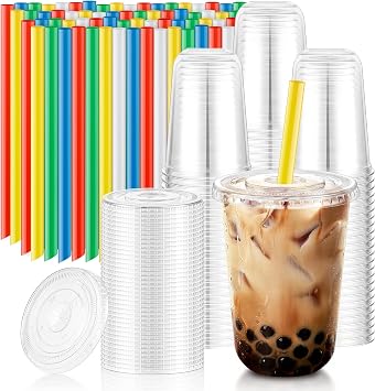 KesaPlan 50 Pack 16oz Clear Plastic Cups with Lids & Colorful Wide Straws, Disposable Smoothie Cup, Round Bottom To Go Drinking Cup for Bubble Tea, Iced Coffee, Milkshakes, Party Picnic Supply