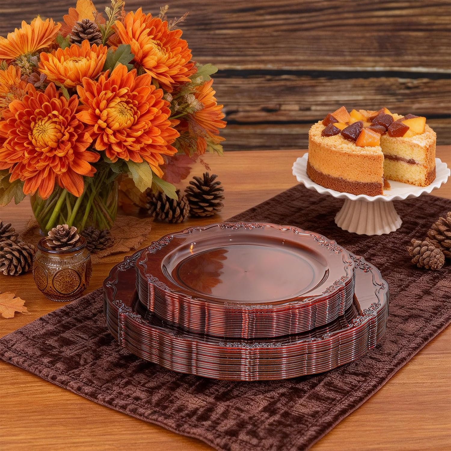 Tinybee 60PCS Amber Plastic Plates - Clear Brown Plastic Plates Disposable image 3