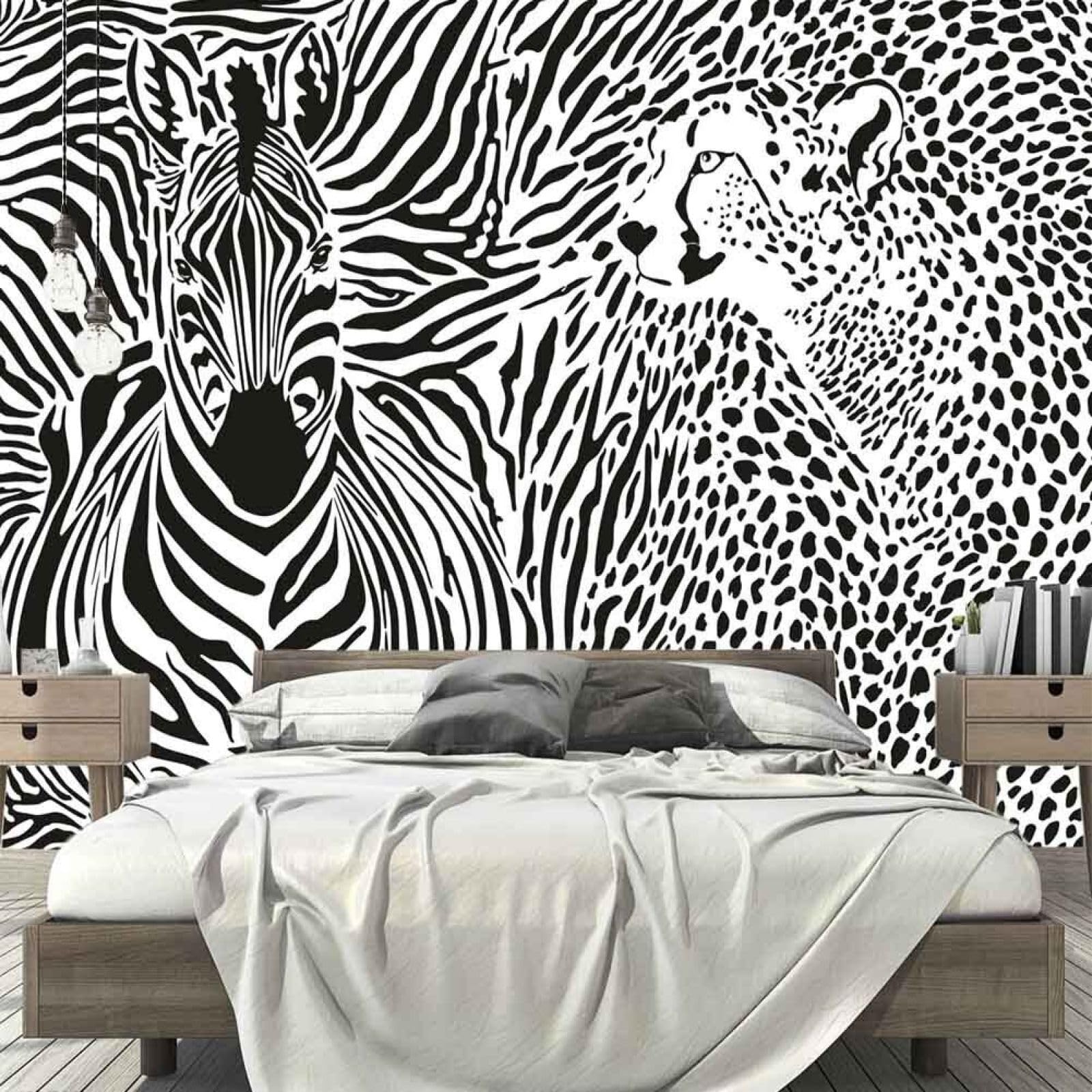 Papier peint mural animal 3D zèbre et léopard noir et blanc 250x175cm pour décoration murale