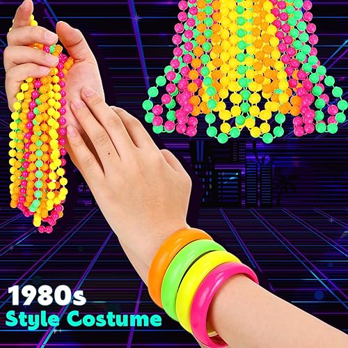 Miniatura 6 de Batiyeer 48 piezas de accesorios de neón de los años 80 para mujer 24 pulseras de plástico neón y 24 collares de cuentas - fiesta de los años 80,