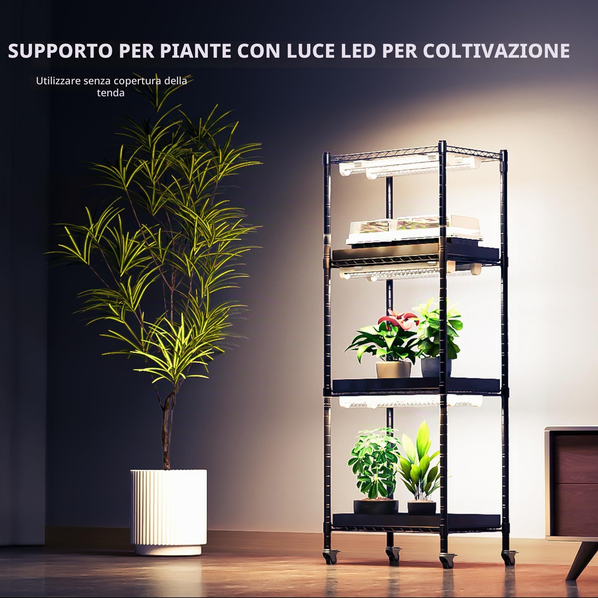 Spider Farmer Mensola per Piante a 4 Livelli, Mini Serra per Interni con 6 Luci LED a Spettro Completo da 30 cm e Tenda, per Avvio di Semi e Crescita Multi Piante 41Lx30Dx119A