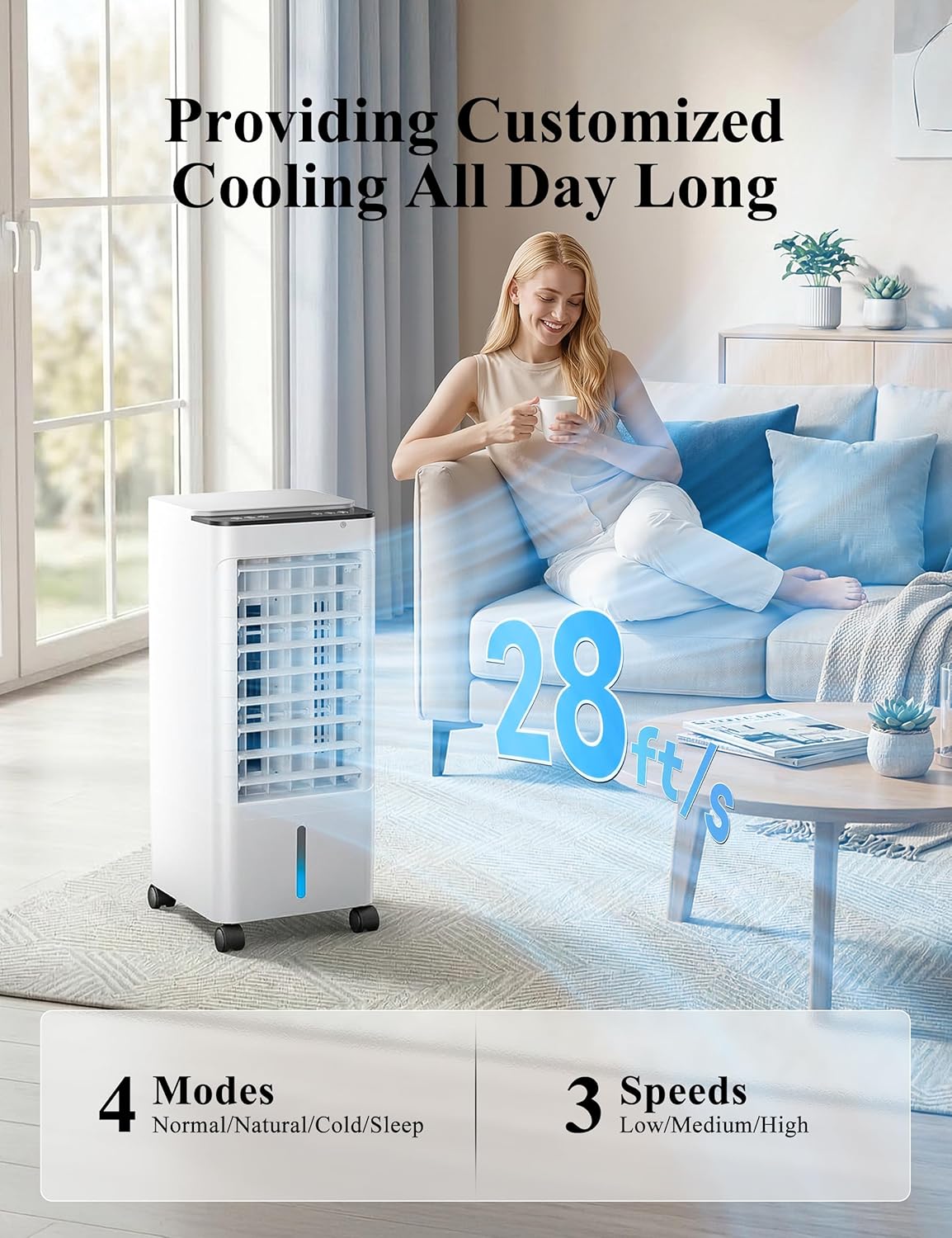 An air cooler operating in a living room, with text indicating 4 Modes (Normal/Natural/Cold/Sleep) and 3 Speeds (Low/Medium/High).