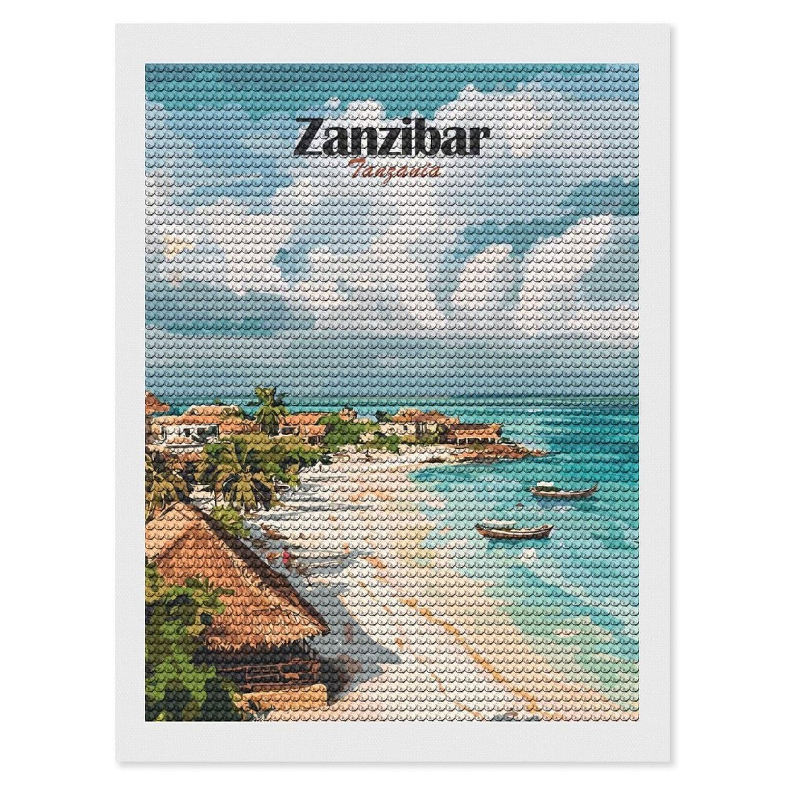 Junmoney Zanzibar Beach Scene Diamond Painting Set 12"x16", Full Kit Included, Sparkling Round Gems, Farmhouse Decor, Festive Craft Gift
