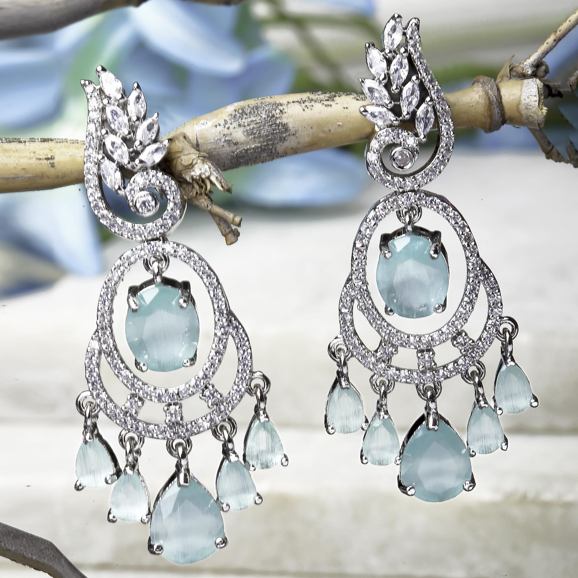 Rhodium-Plated Oval & Leaf Drop Earrings