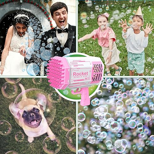 Miniatura 5 de Pistola de burbujas espacial, pistola de burbujas de 69 agujeros, ME+Toys, batería recargable, luces LED, solución de burbujas de 32 onzas