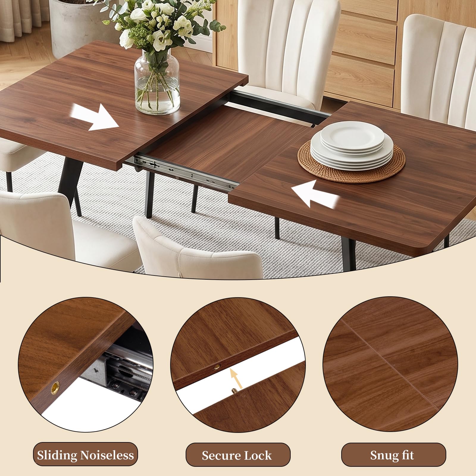 JIEXI Ausziehbares Esstisch-Set mit 6 Stühlen, platzsparender MDF-Tisch und stabilem Metallgestell, ideal für Esszimmer, Küchen und Wohnungen – Tisch in Nussbaum + Stühle mit beigem Samtbezug
