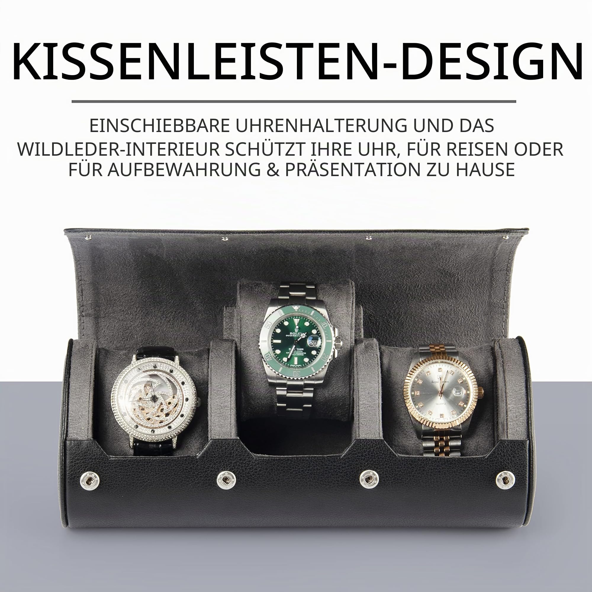 Uhrenbox Organizer für Herren: 3 Fächer für Uhren und Reiseetui, tragbares Uhrenrollen-Vitrine – Uhrengehäuse passt auf alle Armbanduhren und Smartwatches bis zu 50 mm (Schwarz)