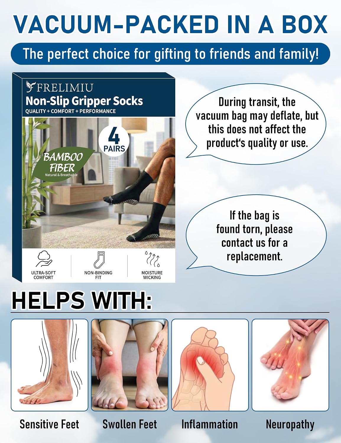 Diabetic Crew Socks for Men with Grippers – 4 Pairs, Non-Slip Grip Socks, Soft Viscose Blend Crew Socks, Non-Binding Loose Fit for Neuropathy, Edema & Sensitive Feet, Elderly, Size 11–15