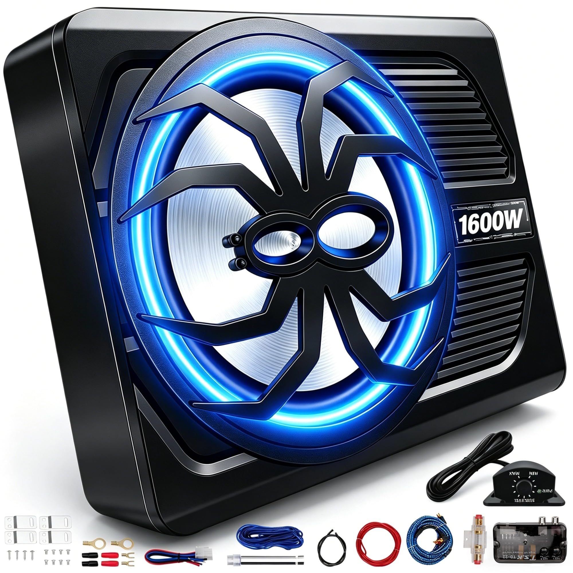 10 1600W Under Seat Subwoofer, Slim Powered Under-Seat Subs with Amp, (LPF/Gain/Bass Boost) LED Ambient Lights, Independent Bass Knob, Distortion-Free Deep Bass, Suitable for Trucks/SUVs/Jeeps/MPVs
