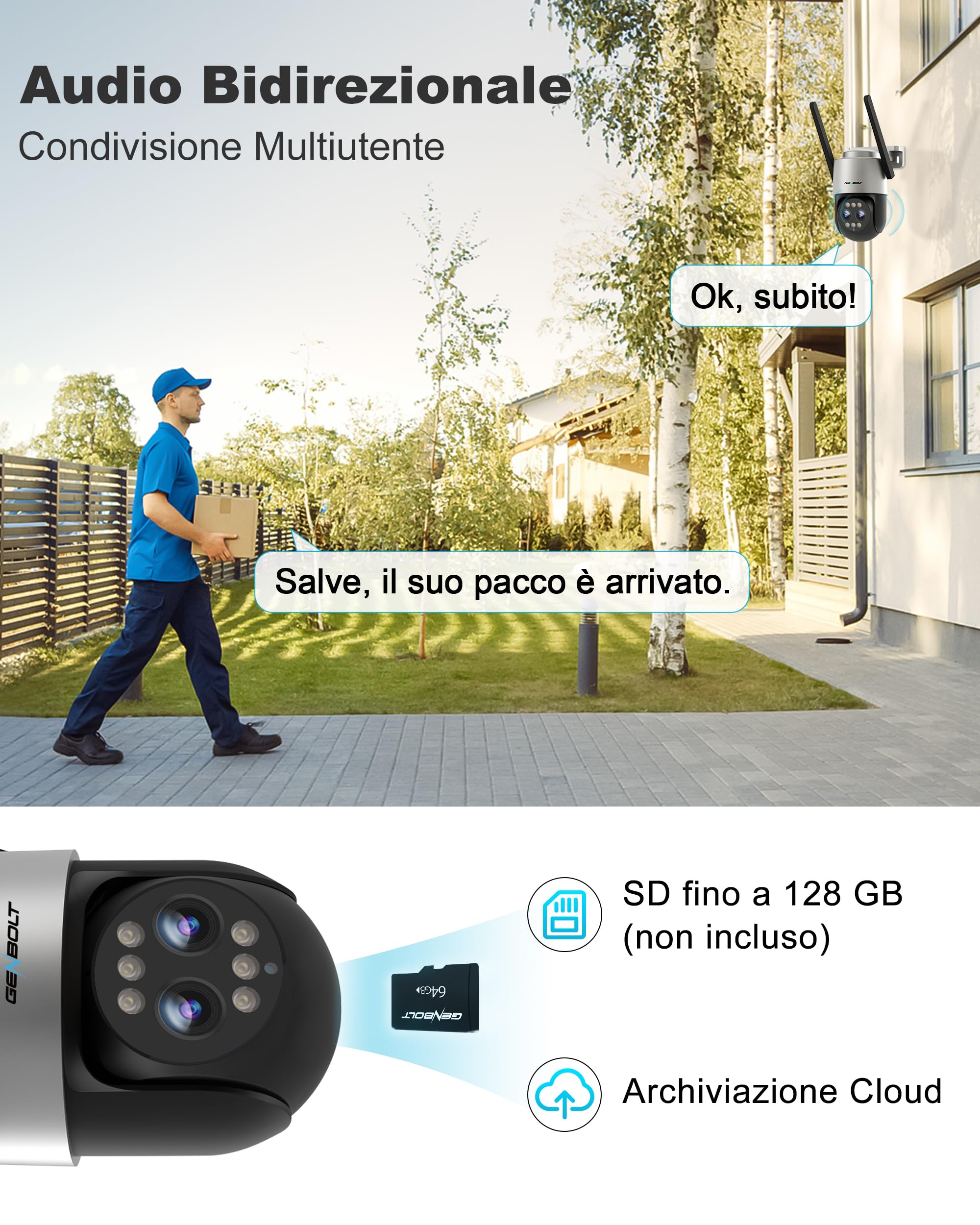 GENBOLT Telecamera Wi-Fi Esterni, Doppia Lente 2.5K Telecamera CCTV IP | Zoom ibrido 10X,Registrazione Continua 24/7,PTZ,Intelligente Automatico,Rilevamento Persone,Notturna Colori,IP66[DC&POE]