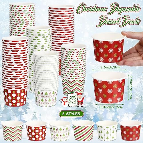 Miniatura 3 de Cuencos desechables de postre de Navidad, de 9 onzas, cuencos de papel de Navidad para golosinas de Navidad, tazones de helado a rayas con copos de