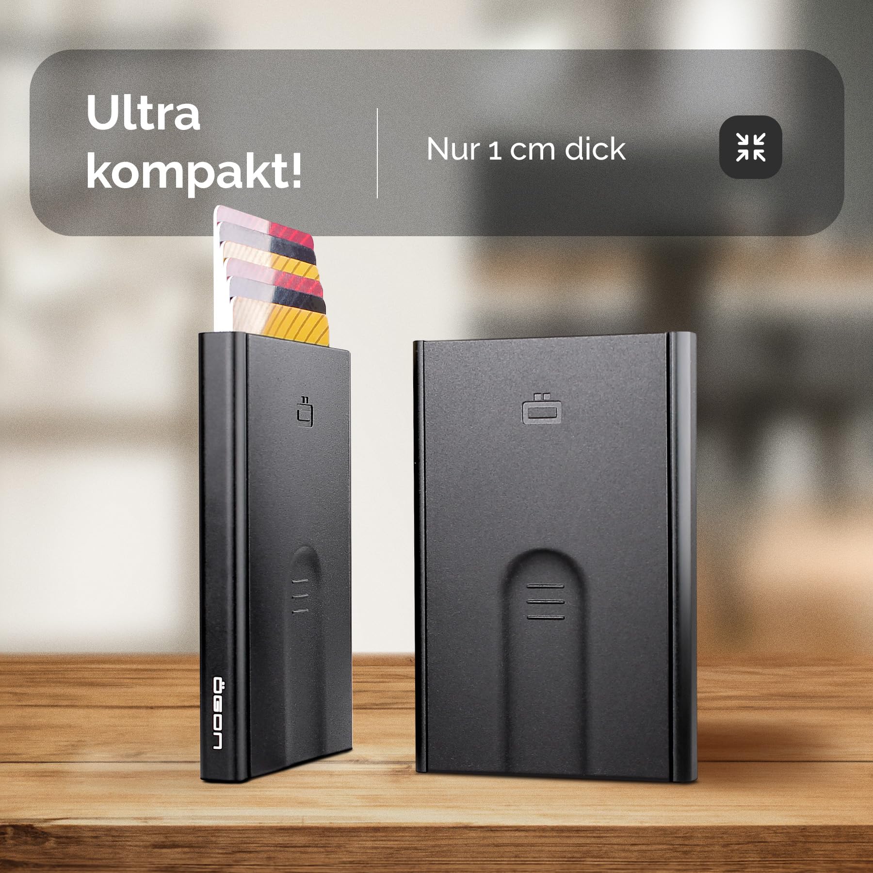ÖGON -DESIGNS- Automatischer kartenhalter aus Aluminium mit RFID Schutz, originelle, schlanke und minimalistische geldbörse für Herren und Damen, kapazität 1 bis 6 Karten, Modell Slider