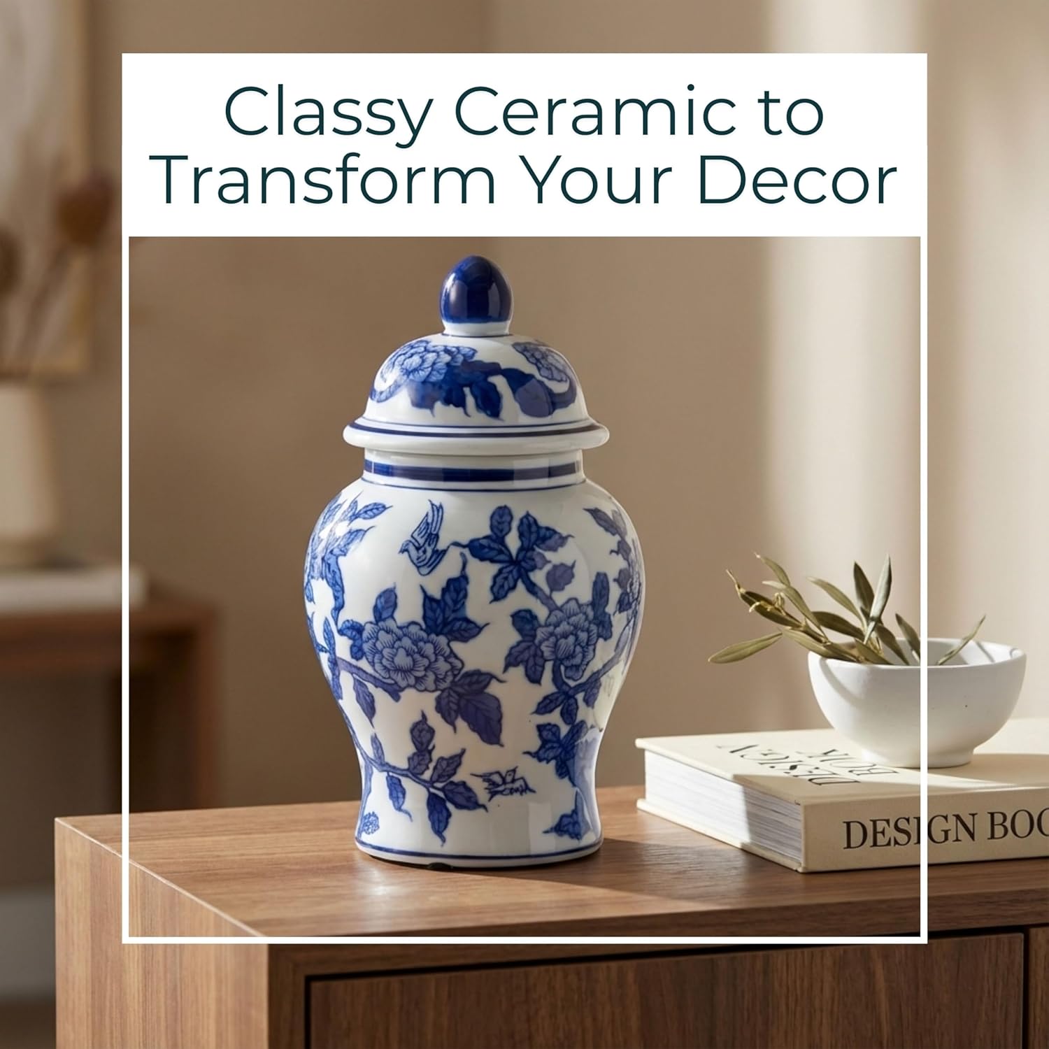 Classic Ceramic Temple Jar Vase with Lid for Living Room and Home Decor - Traditional Flower Vase Accent for Room, Bedroom or Office Display - Refined Table Decor for House Accent - 9", Blue & White