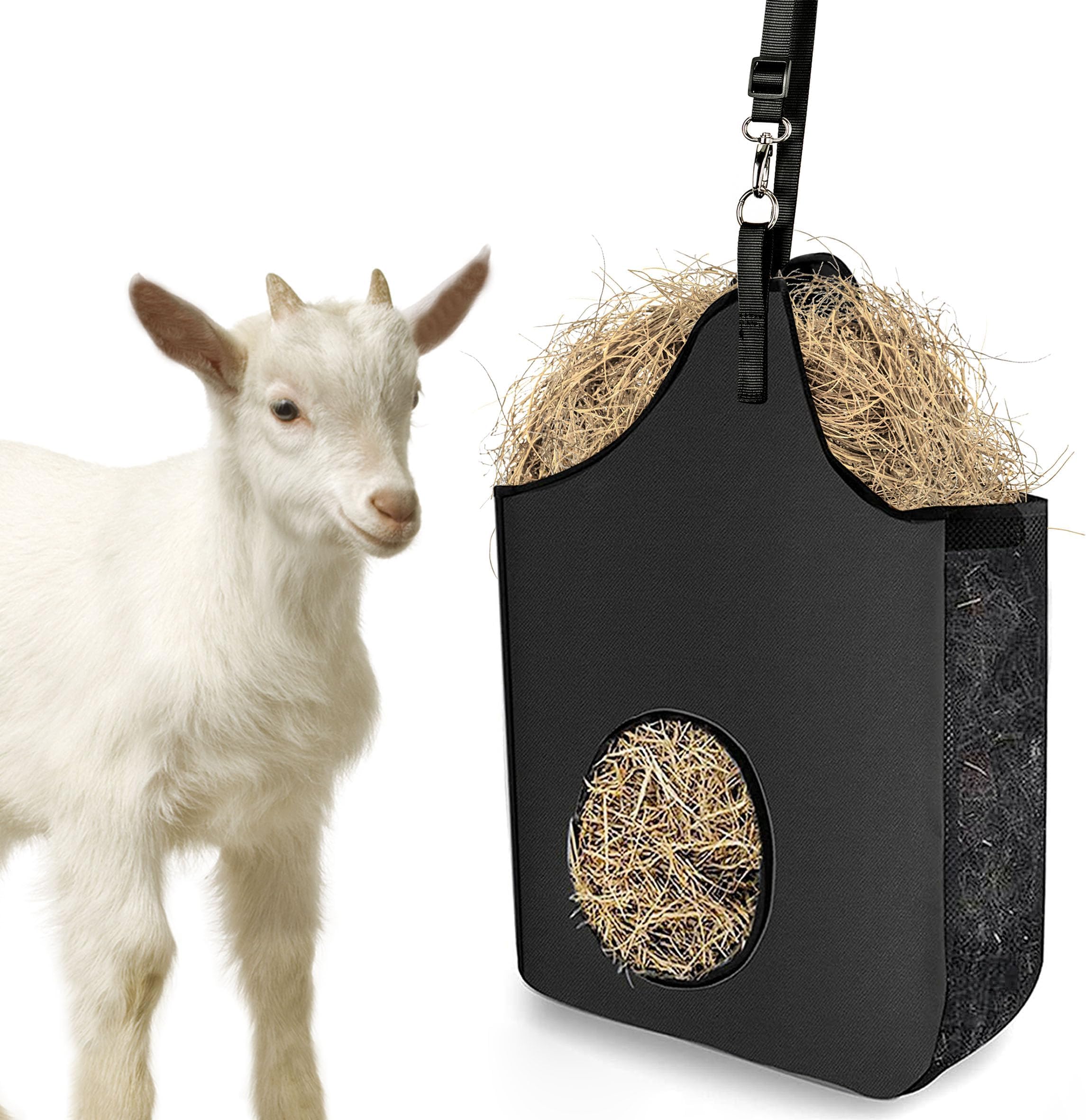 Hay Bag Hanging Goat Feeder Tote Premium Oxford Cloth with Metal Ring and Adjustable Strap for Horses Donkeys Cows Alpacas Ostriches or Other Animals Black