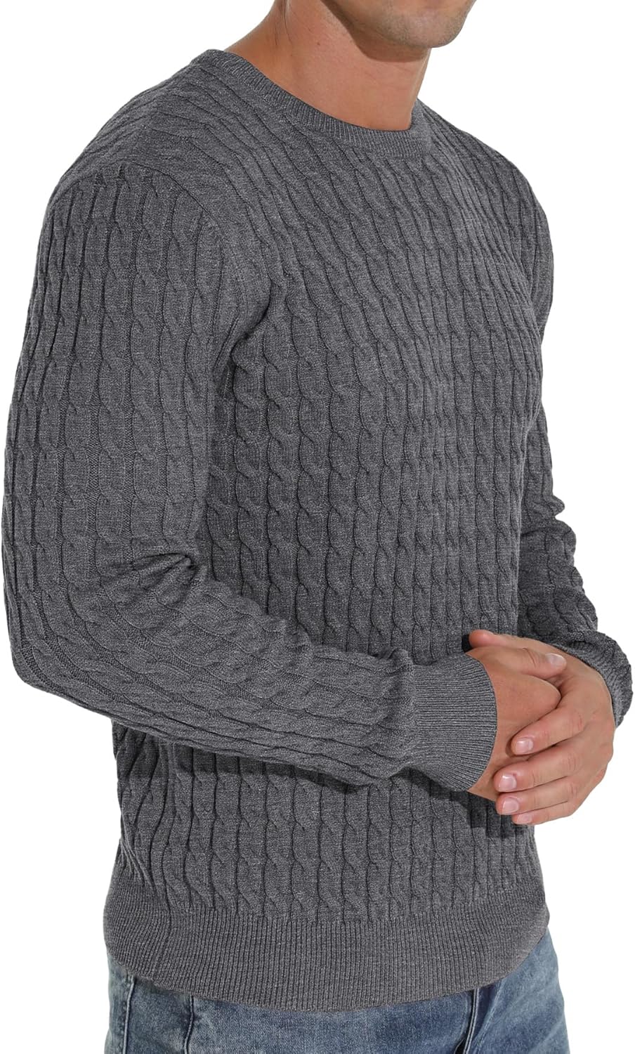 Askdeer Men's Pullover Sweater Crewneck Classic Cable Sweater Soft Casual Knitted Sweaters Dark Gray - Image 6