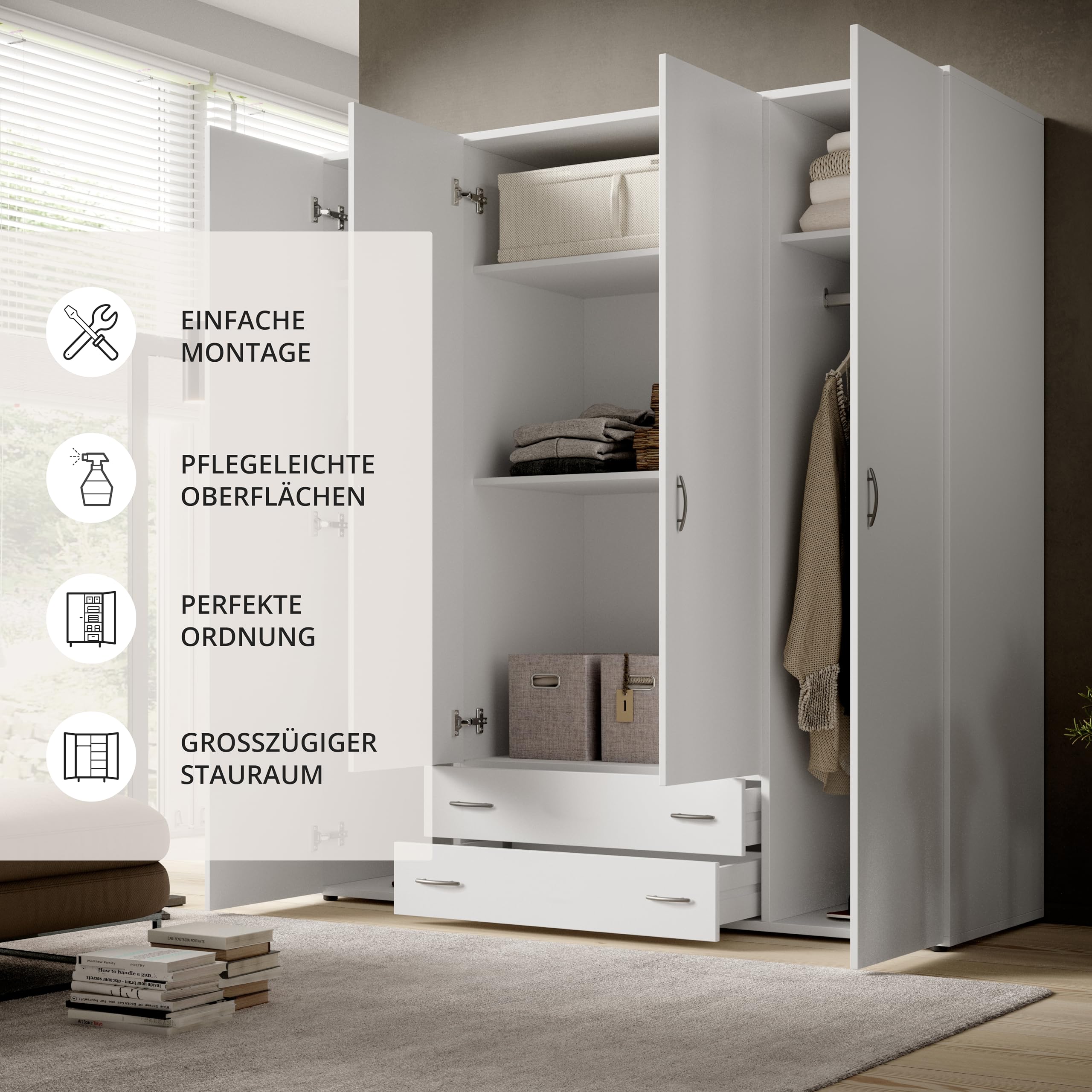 Stella Trading BASE Zeitloser Kleiderschrank in drei verschiedenen Größen - Vielseitiger Drehtürenschrank in Weiß - 160 x 177 x 52 cm (B/H/T)