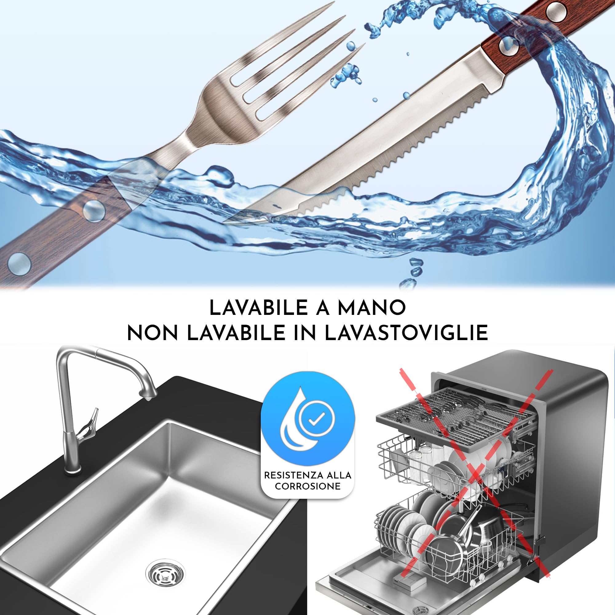 Posate da bistecca acciaio inox legno 12 pezzi con 6 coltelli da bistecca e 6 forchette da bistecca