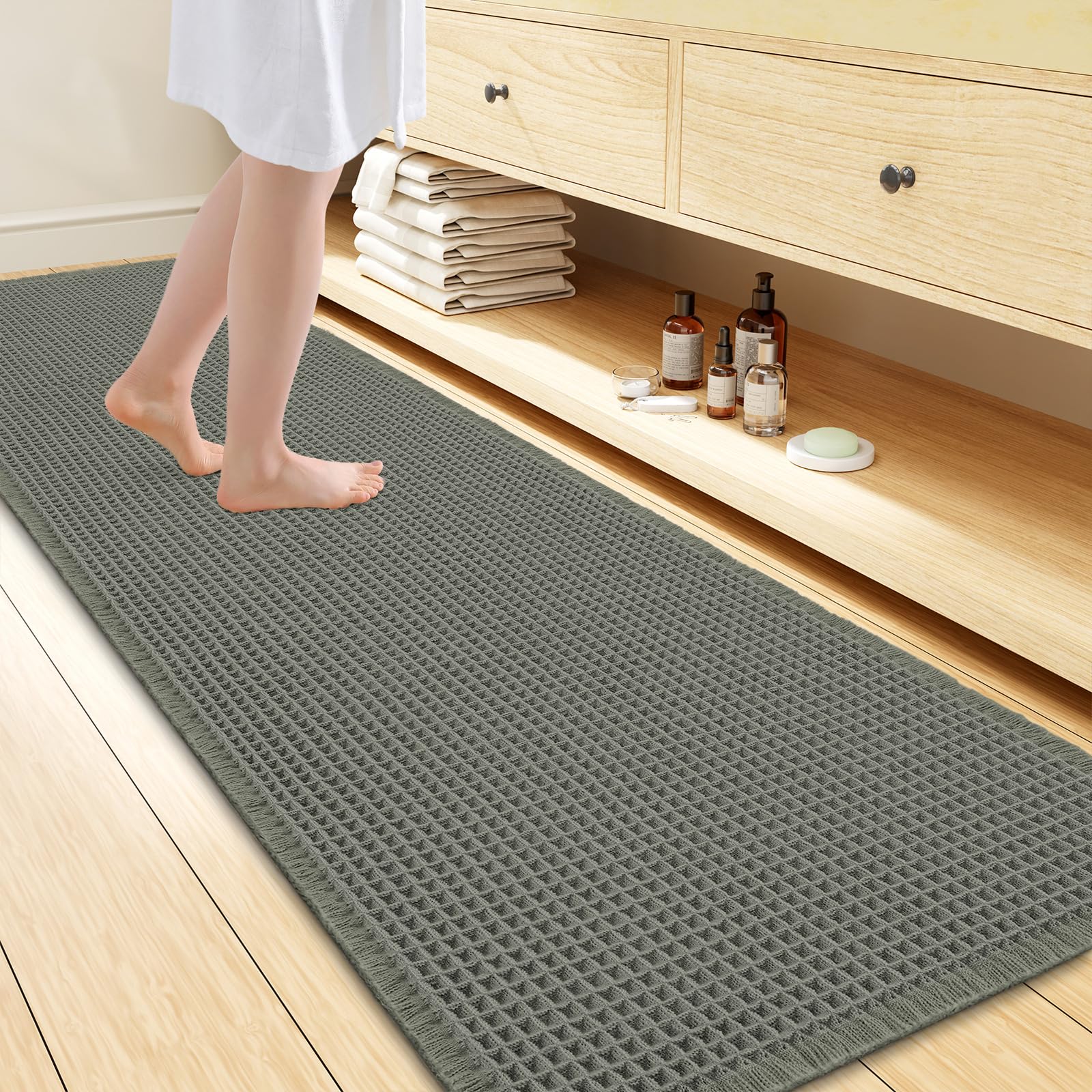 Smiry Waffle Bath Mat 72X24, Extra Soft Absorbent Bathroom Rugs, Green