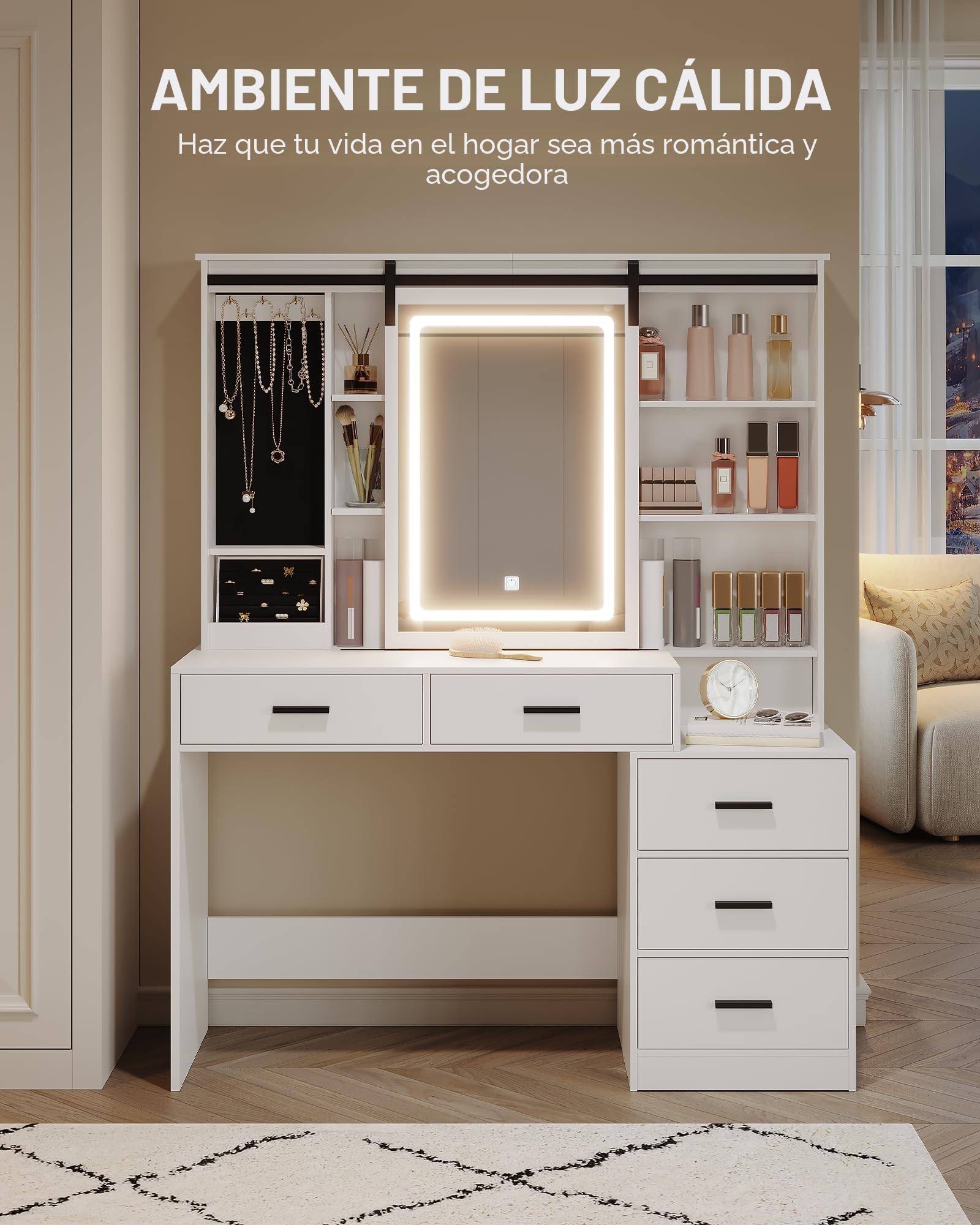Hzuaneri Tocador de Maquillaje con Luces LED Ajustables, Espejo Grande Extraíble, con Joyero, Estantes Abiertos, 5 Cajones, con Mesita Auxiliar, para Dormitorio, Blanco DT33103X