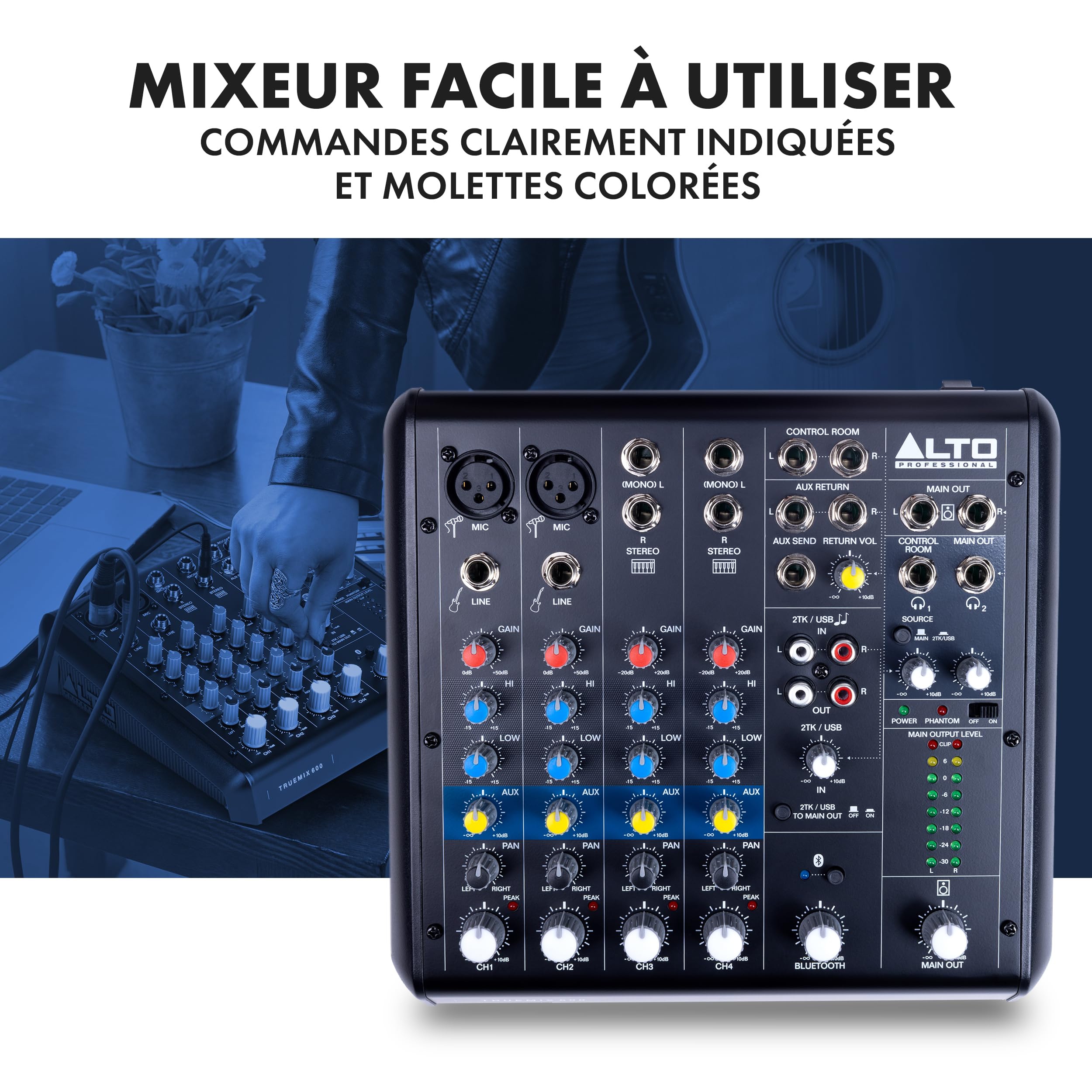 ALTO TrueMix 600 Mixeur Audio avec 2 Entrées Micro XLR, Interface Audio USB et Bluetooth Pour les Podcasts, Concerts, Enregistrements, DJ, Mac et Windows