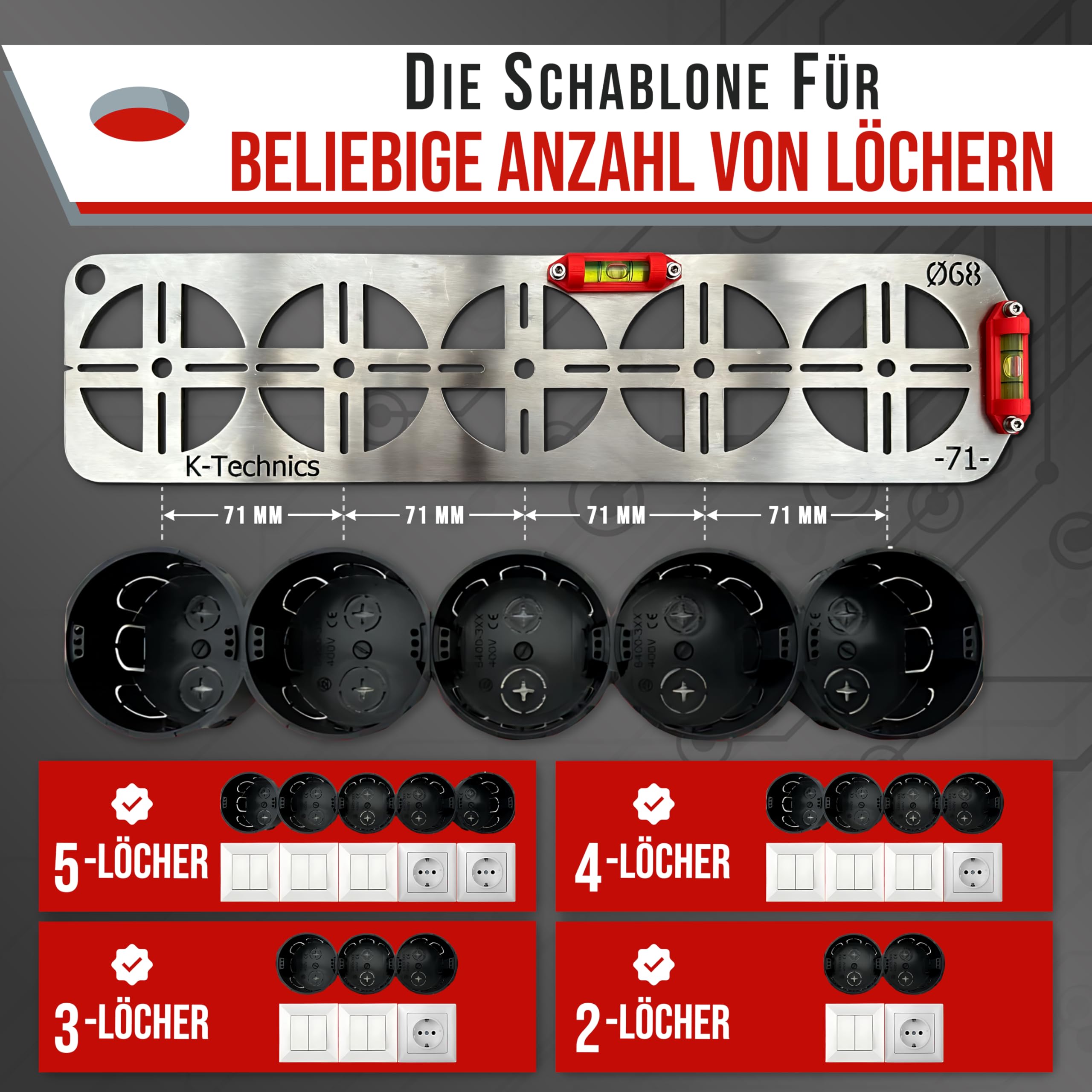 K-Technics K5 Edelstahl Bohrschablone Steckdosen, Steckdosen Schablone mit Elektriker Wasserwaage, Geeignet für Hohlraumdosen und Unterputz im Trockenbau, 4 x 71 mm Rastermaß, 7,5 mm Markierungslöcher