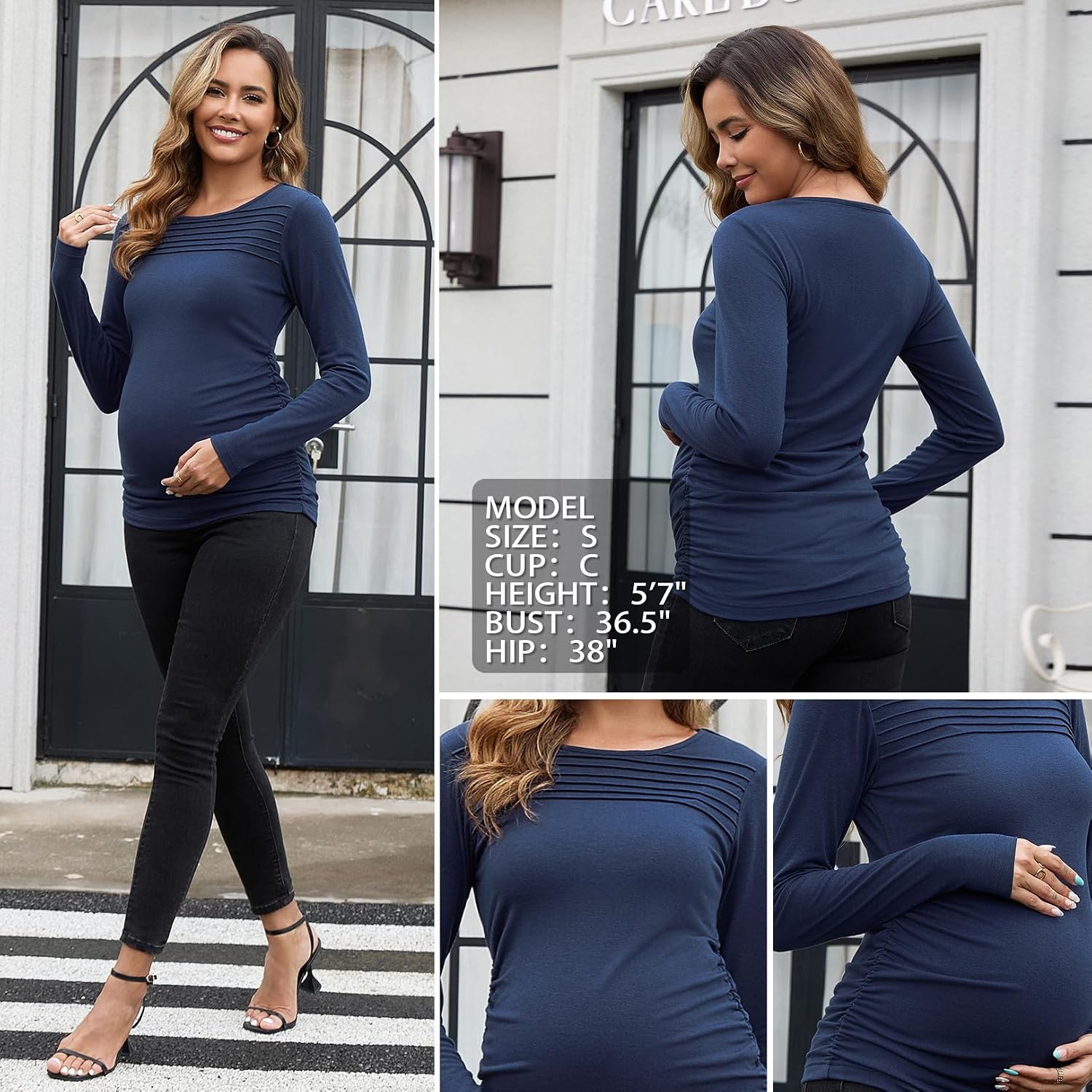 Maternity Long Sleeve Tops for Women Pleated Crewneck Pregnancy Shirts Dressy Work Blouses Trendy Basic Tunic