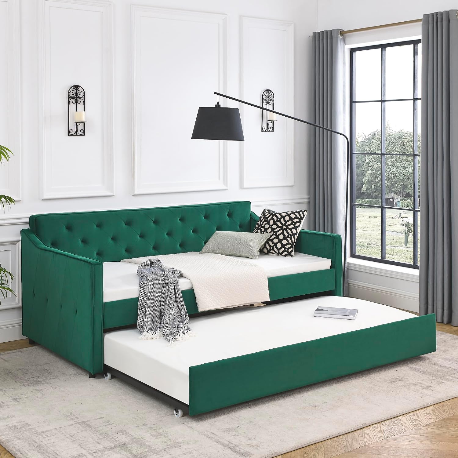 Amazon.com: Twin Size Daybed with Trundle, Velvet Upholstered Day Bed ...