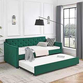 LIFE SKY Twin Size Daybed with Trundle: Mid-Century Modern Tufted Sofa Bed with Hidden Roll-Out Bed & 13-Slat Support - Space Saving Solution for Small Apartments & Guest Rooms