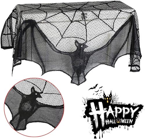 Miniatura 5 de Juego de 4 decoraciones de Halloween, mantel de Halloween, cortinas de ventana de murciélago, telaraña, chimenea, cubierta de mantel (negro)