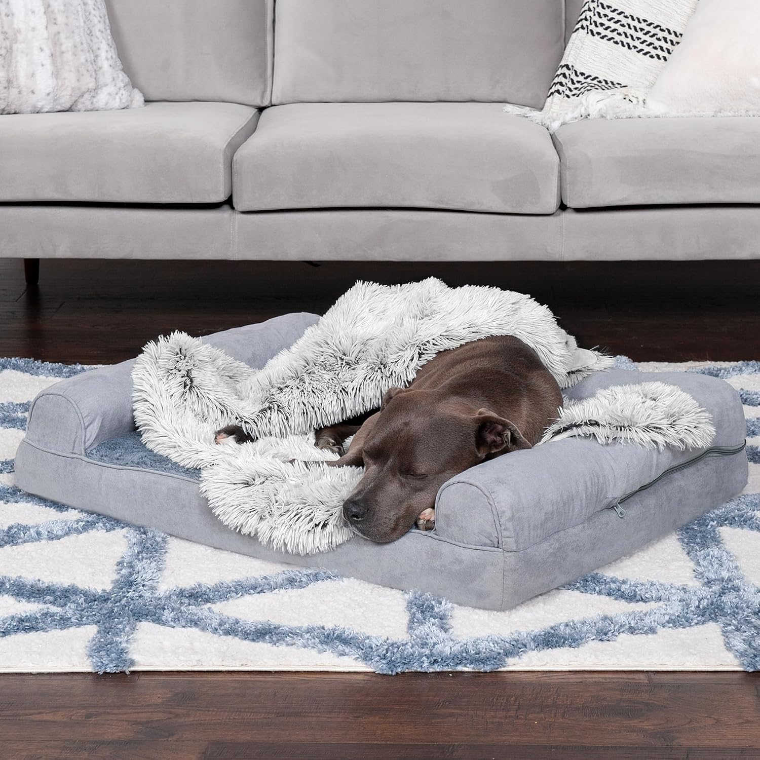 review Furhaven Waterproof Throw Blanket for Dogs & Indoor Cats, Washable - Shaggy Plush Calming Long Faux Fur & Velvet Dog Blanket - Mist Gray, Large