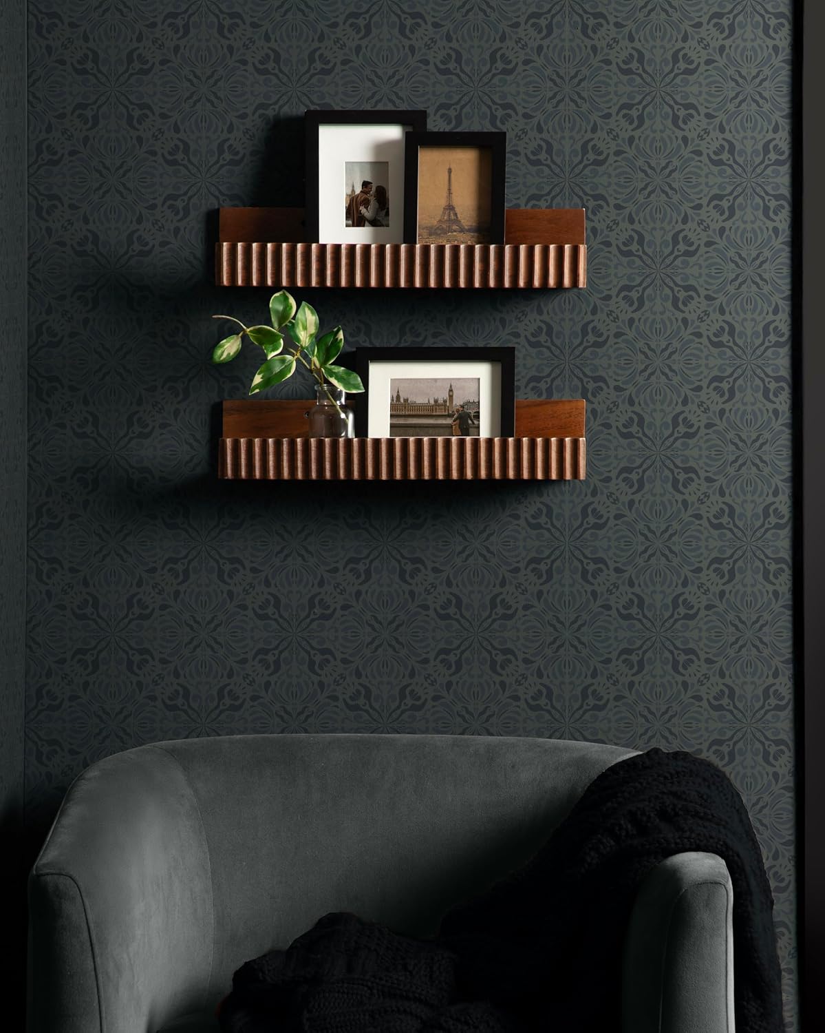 kate and laurel furrow modern wood photo display ledges, set of 2, 18 inches, walnut brown, scalloped floating picture ledge shelf set with lip for use as dorm room shelving or nursery bookshelves